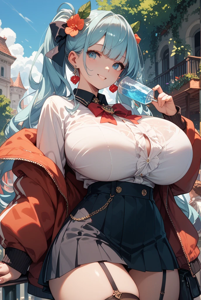 (masterpiece), (best quality), (Extremely detailed),(illustration), (1 Girl),Looking at the audience, (interview),Beautiful and delicate eyes, Delicate and beautiful face, floating,(High Saturation),(shining), Large Breasts, Freemadev, Gray hair, White shirt, Red Jacket, Fur trim, Open clothes, Off-shoulder, Black pants, The pants are torn, necklace, Sleeping Mask, Smile,huge , Crazy breast swelling, Chest larger than shoulder blades, Big breasts and thin waist，(huge breasts:1.2)，Hydrated skin（（rogue））（（非常huge乳房）），（（Grooves reveal original skin）)
