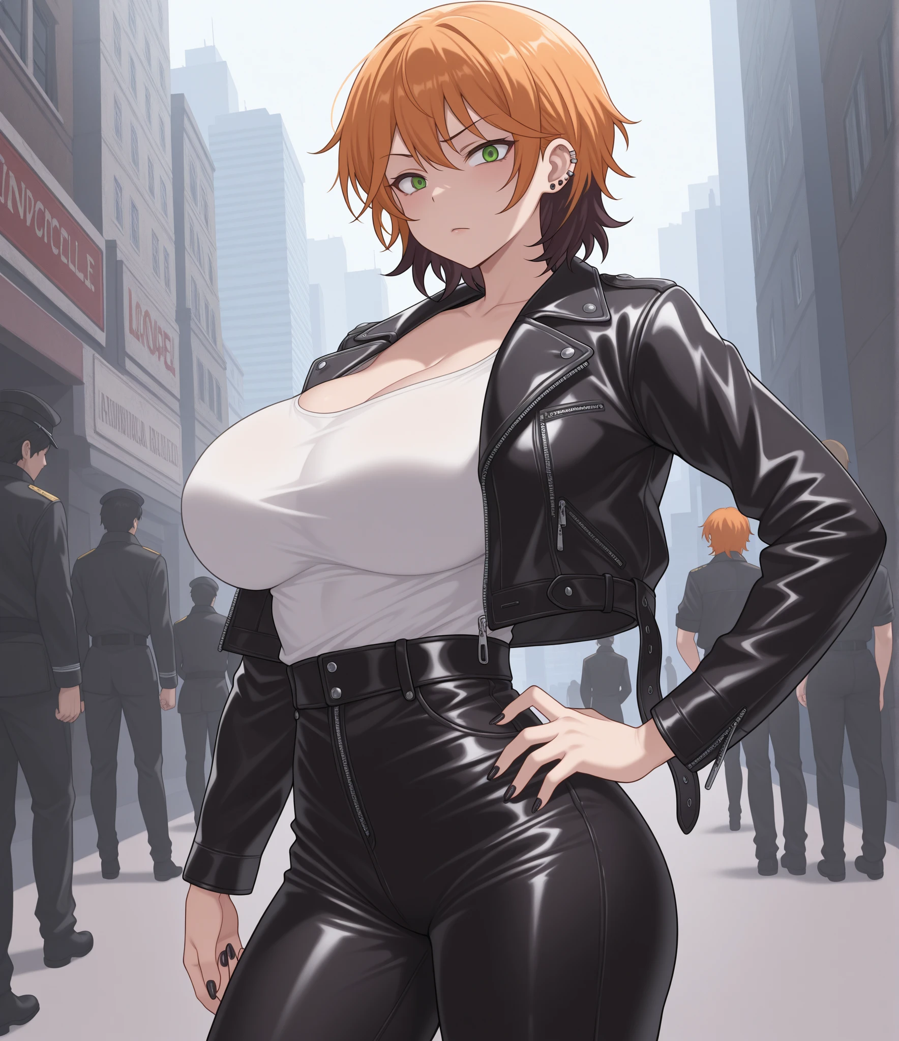 ((1girl)),((alone)),nobara kugisaki,(masterpiece), (best quality), (ultra detailed), (best illustration), (best shadow), (absurdities), sharp focus, cowboy shot , looking at the viewer, dynamic posture, 18 years old, short hair, orange hair, brown eyes, mole below the outer edge of the eye, large breasts, narrow waist, wide hips, wide thighs, round butt, (black dress, collared dress tall, jean shot, makeup, light pink lips, puff sleeves, light pink lipstick, closed mouth, turtleneck sweater, hand on hip, seductive smile, black pantyhose, (sexy pose:1.2), alone, standing :1.2, exterior, cityscape, japanese city, streets, night, streetlights, city lights, looking forward, ((focus on waist), pov (from middle) expression would be, red blush, perfect anatomy, perfect hands