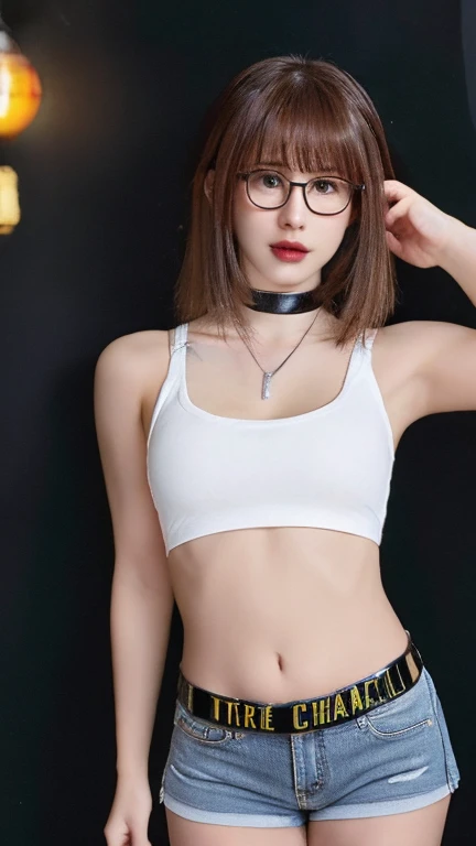 score_9, score_8_up, score_7_up, score_6_up, score_5_up, score_4_up, tomboy, solo, japanese model, beauty, (((cute beauty))), (((cute))), (((adorable))), (very short hair, pixie cut, brown hair), circle-glasses, (((cute girl, ))) perfect female body, Big eyes, Attractive eyes, Small Nose, Glossy pink lips, big breasts, cleavage, toned stomach, b、eautiful limbs, white Shirt, black bra top, Distressed jeans short pants, She is standing next to the bed, the viewer is holding her on a leash, The chains are held by the viewer off-screen., The lock is attached to the collar., leather collar, padlock, leather leash, submissive, Ecstatic expression, Sweat, Photo realistic:1.5, Realistic Face:1.5, Realistic eyes:1.5, Realistic skin:1.6, Perfect Face:1.2, Perfect Eyes:1.4, Perfect body, textured skin, anatomically correct, high details, high quality