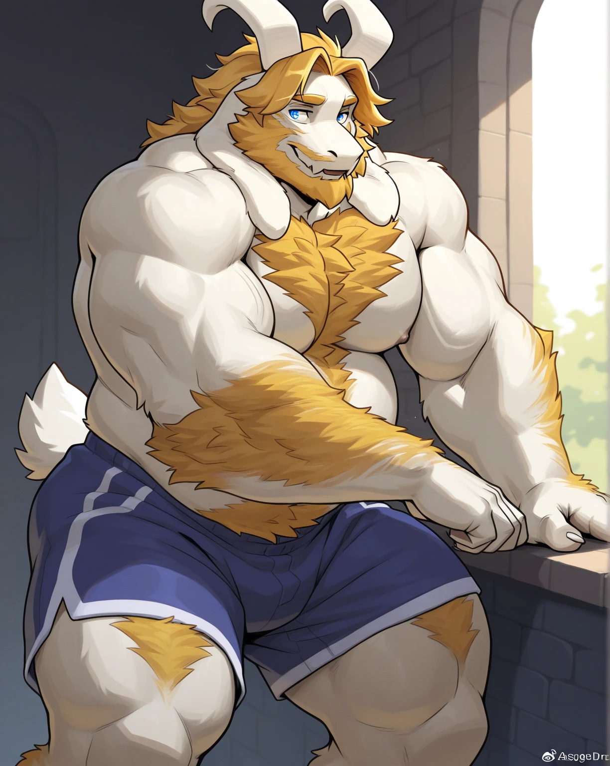 Solo, male (((retriever, collie, blue eyes, blue iris, black pupils, athletic, big pecs, abs, folded ears, white body, white fur, brown ears, mostly brown ears, brown spots on legs, white abdomen, white face, white arms, mostly white fur, thin waist, mostly white fur, black jockstrap, big bulge))) standing, bedroom, flustered expression, full body, perfect anatomy, by darkgem, by mystikfox61, by glitter trap boy