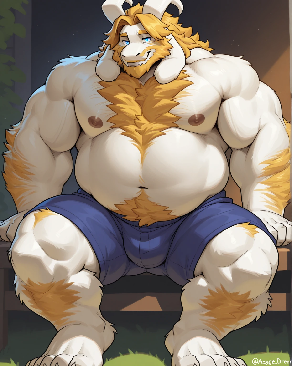 Solo, male, closeup view of crotch, detailed bulge, a bit of chubby belly is visible, barely visible genitals, erection stretching the fabric of the underwear, sweat, sweaty, steam, steamy, alleyway, plants, by mystikfox61, by glitter trap boy, by darkgem, muscular, body hair, very hairy, dilf, beard
