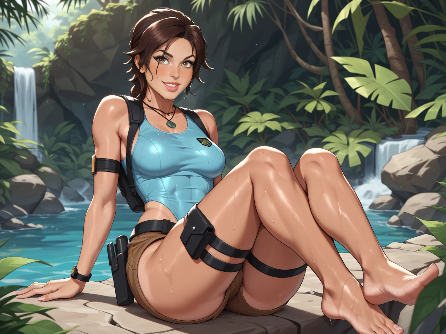A sexy women, in a  Mountain scenery,  wearing (tight sport wetlook muddy black leggings), (([Top-less, no shirt on, perfect perky breast, perfect small nipples, sexy, beautiful perfect body, sexy smile, looking directly at the camera]))

 hiking boots, gloves, sunglasses, baseball cap. Front view. Full body.  Perfect body, perfect hair, perky tits, UHD, retina, masterpiece, accurate, anatomically correct, textured skin, super detail, high details, high quality, award winning, best quality, highres, 16k, 8k, sunset light. 