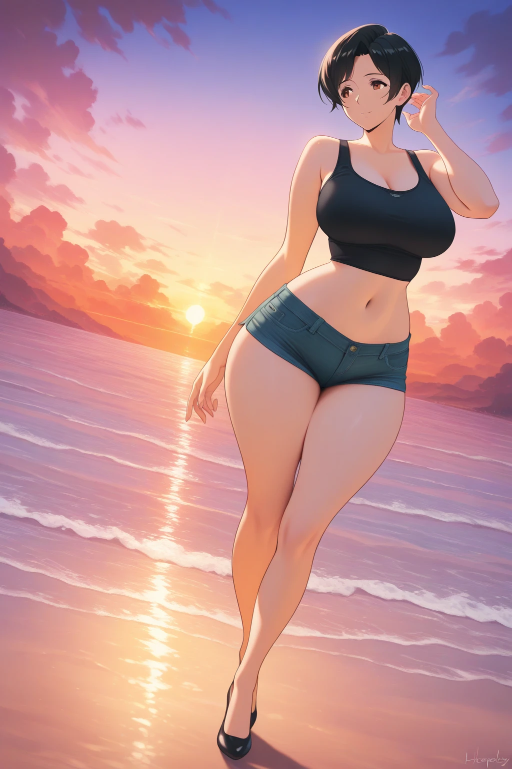 nsfw:1.5, Top quality, masterpiece, ultra high resolution, , (top quality, high resolution, 4K, detailed lighting, shaders, perfect anatomy, perfect proportions), eye of the beholder, (masterpiece, top quality) (top quality, 4K, 8K, high resolution, masterpiece: 1.2), highly detailed, (masterpiece: 1.3, top quality, ultra high resolution, ultra detailed), (top quality: 1.2), perfect eyes, perfect face, (top quality, 4K, 8K, high resolution, masterpiece: 1.2), highly detailed, (top quality, 4K, 8K, high resolution, masterpiece: 1.5), highly detailed, masterpiece, top quality, ultra detailed, top quality, high resolution, 32K CG, very delicate and beautiful, illustration, high resolution, sharp focus, girl 1 person, very beautiful and detailed anime face, very detailed eyes, ((masterpiece)), ((best quality)), (super detailed), ((cute)), cute, ((very detailed)), 4K, (8K), best quality, (best quality, 8K, 32k, masterpiece, super high resolution, very detailed, impressionistic:1.2), blurred background, (two arms) , (two legs), (four fingers and 1 thumb) , only one belly button, Bare shoulders.
(Beautiful woman). ("I'm confident about my body."). (Profile: 1.2). (Looking away: 1). (Front shot: 1.1). (Beach: 1.6). (Full body). (Girl running: 1.7). (Realistic water droplets: 0.4). (Black bikini bra: 1.5). (Beautiful face: 1.2). (Trimmed blonde pubic hair: 1.2). (Shiny tanned blonde: 1.2). (Shoulder-length straight hair: 1.3). (White choker: 1.5). (Necklace: 1.5). (Bracelet: 1.5). (Bangs swept to the side, showing forehead: 1.4). (Blue-green eyes). (Happy smile: 1.6). (Embarrassed: 1.2). (Bottomless: 2.5). (Dark skin: 1.5). (Perfect proportions: 1.6). (Full, beautiful breasts: 1.5). (Perky breasts). (Narrow waist). (Slender body). (Beautiful buttocks: 1.6). (Realistic facial expression: 1.4). (Realistic skin: 1.4). (White sneakers: 1.2).