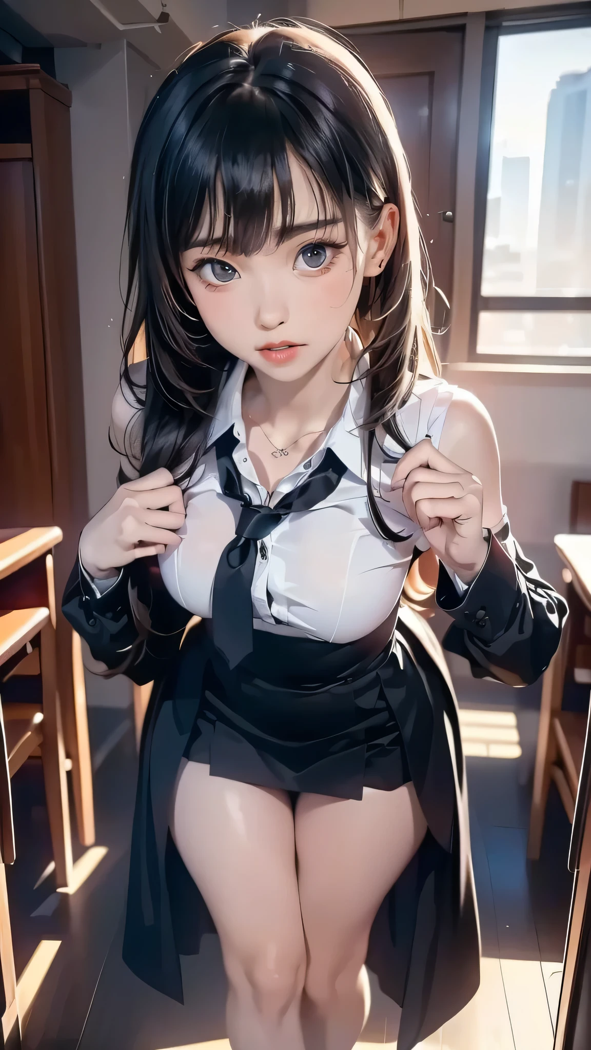 ulzzang-6500-v1.1, (raw photo:1.2), (photorealistic:1.4), beautiful detailed girl, solo, 1girl, yukinoshita yukino, twintails, blue eyes, detailed iris, looking at viewer, sitting, school uniform, white shirt, plaid skirt, loose unfastened red ribbon, black cotton thighhighs, very detailed eyes and face, beautiful detailed eyes, super detailed, high resolution, very detailed, best quality, masterpiece, kemomimi, ((girls' high school uniform)), illustration, very detailed, CG, unified, 8k wallpaper, amazing, fine details, masterpiece, best quality, very detailed CG uniform 8k wallpaper, face light, cinematic lighting, (without panties)), ((dynamic pose))), (camel toe), (bent knees and legs sitting))