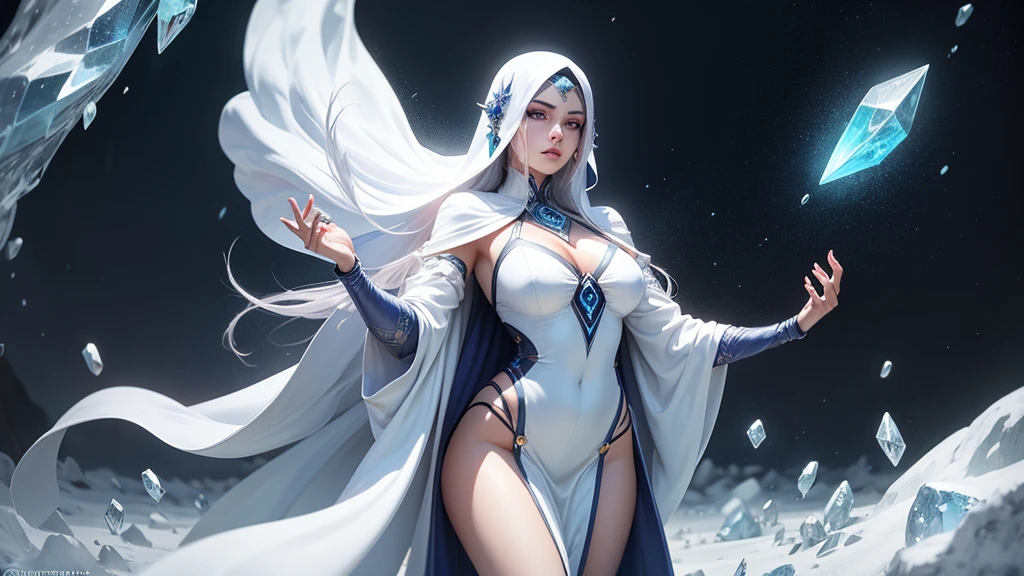a beautiful ice goddess, wearing full hijab till close the boob, good face, happy face, realistic eyes, ice magician, ice elemental, intricate design and details, chilling mist, cold, blizzard storm, conjuring ice spell, casting ice spell, detailed dress, (white muslimah dress:1.5), realistic ice effect, ((ice:1.5)), snow particles, dark fantasy art style, the beach, dramatic lighting, cinematic,