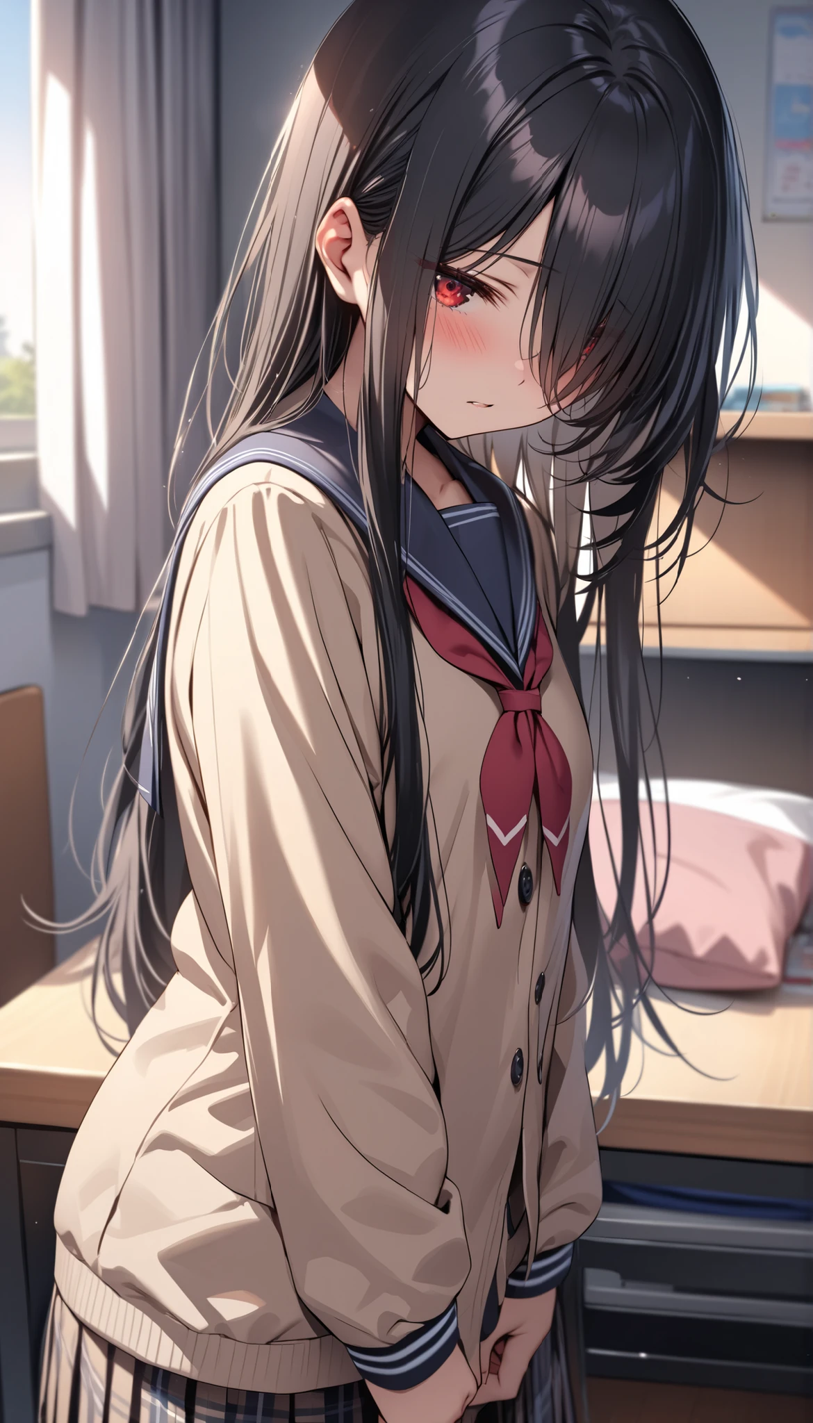 NSFW,masterpiece,Highest quality,High resolution,Super detailed,Yukinoshita Yukino\(My Youth Romantic Comedy is Wrong as Expected\),Black Hair,Long Hair,Light blue eyes,uniform,Lace panties,Small breasts,Dissatisfied face,Embarrassed,blush,School,locker room,Changing clothes,Open clothes