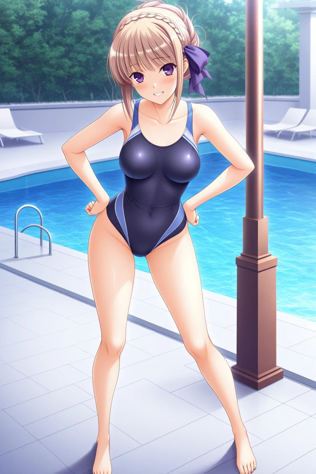 ​masterpiece, top-quality, 1girl in, (full body Esbian), Miku, (Brown hair), full of shyness, red blush, (long eyeslashes), (beauty makeup), (swim wears), (revealing swimsuit), (Powerful swimwear), (cammel toe), (Tight swimsuit), (soaked body), (Dirty swimsuit), (Public swimming pool), (Indoor pool), (Dirty pool), (stained clothes),burst huge chest、Competitive swimsuit