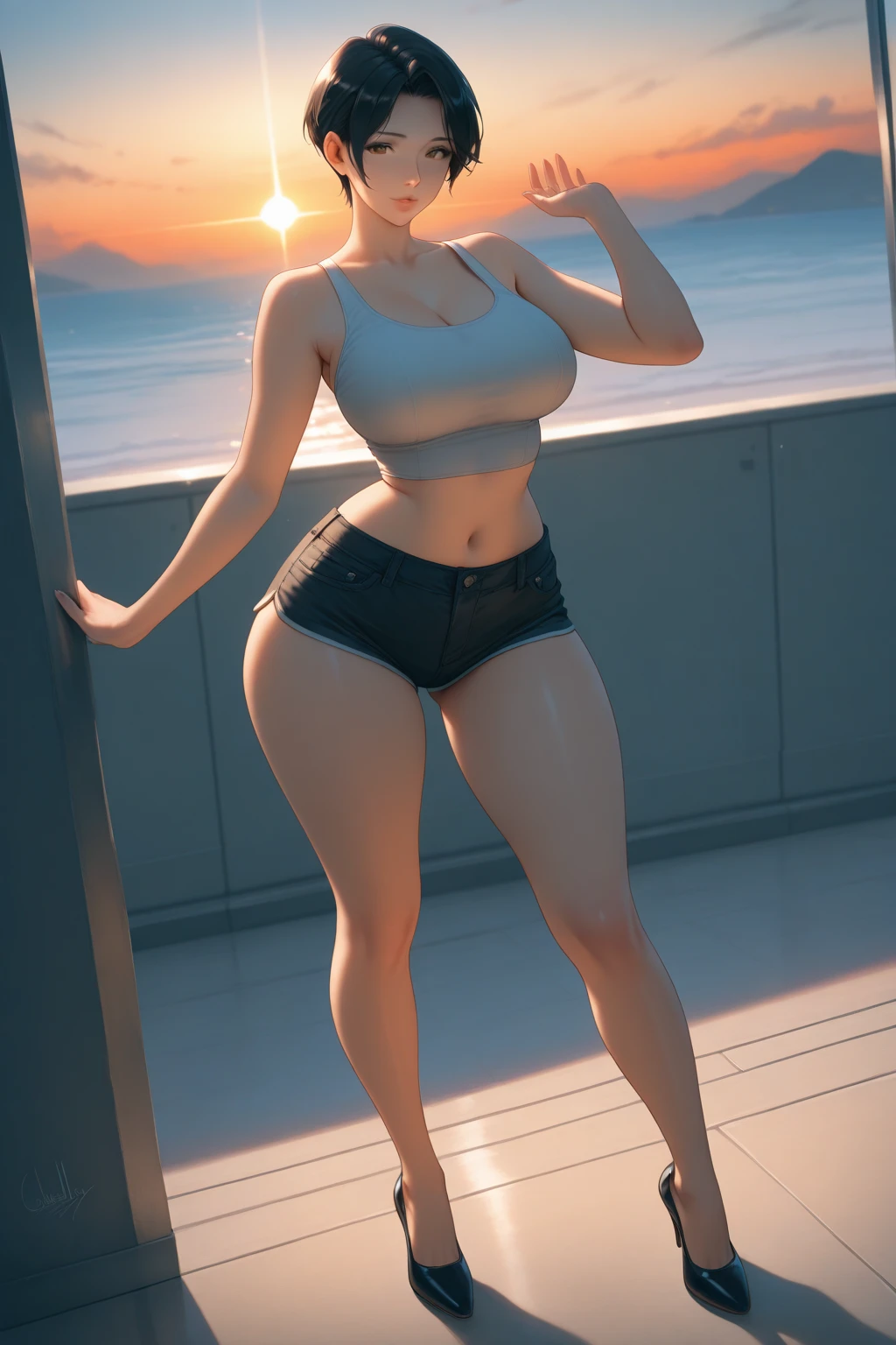 giantess, red colored demon skin, red devil horns, red demon tail, wearing black bikini, sitting with her fat ass on the building crushing it
