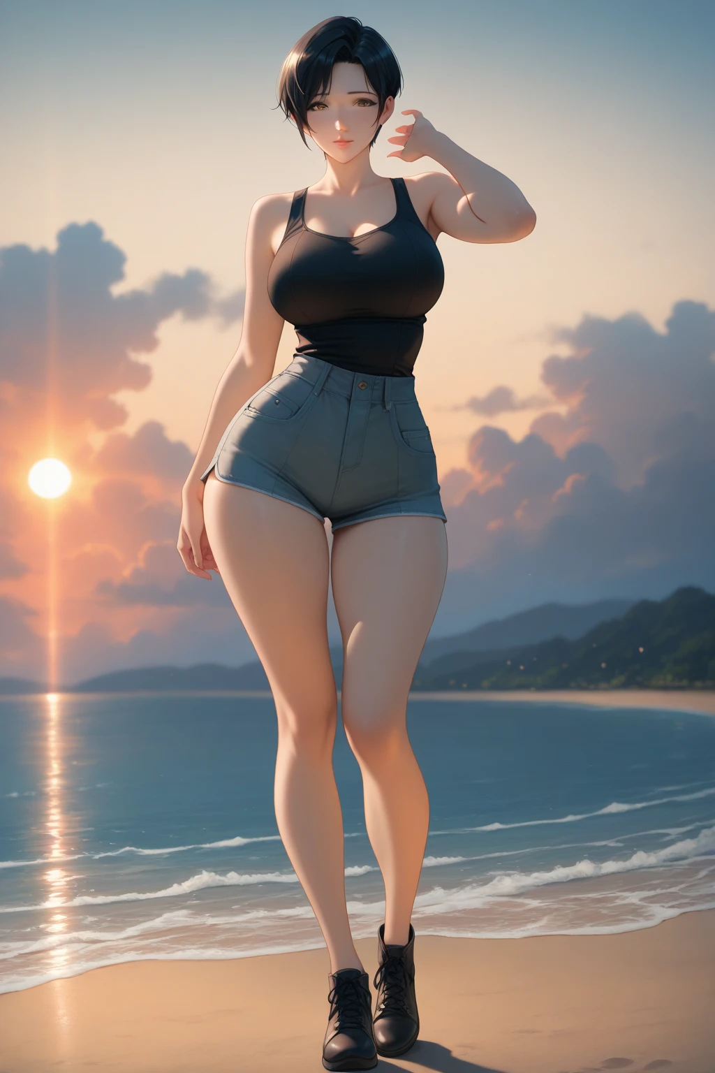 big full tits:1.2), (platinum blonde hair:1.5, high ponytail hairstyle), (oily skin:1.5), (Accroupissez-vous sur un genou et écartez les jambes:1.5), (raise both arms behind your head:1.5), (heels:1.5), (small sling bikini), (indented swimsuit), sl1ngsh07