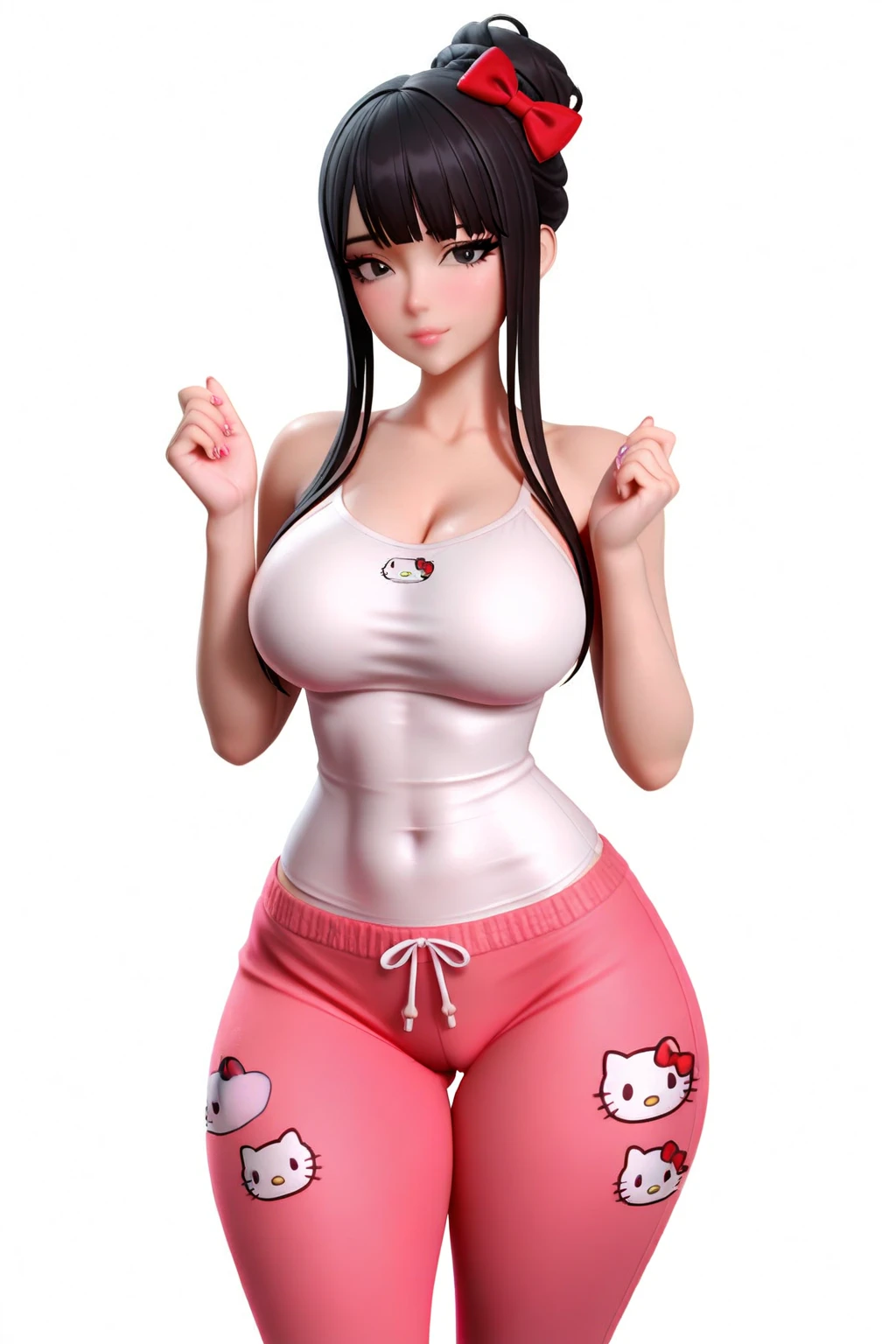 A 12-year-old Asian girl ,Black hair and red eyes,Wearing short twintails,Slightly darker skin color。Sitting alone on the bed, Wearing a white navel-baring T-shirt+Red skinny sports shorts,shy expression, blush and smile, big breasts(Develop very early),actual,masterpiece。
