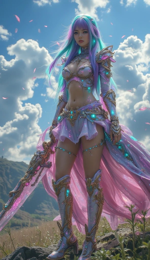 model shoot, (1 girl), long hair, rainbow hair, Islamic warrior, rainbow outfit, laces, shining:1.5, hyper realistic, super detailed, Dynamic shot, masterpiece, scene sharp détails, perfect eyes, perfect skin, perfect hands, attractive poses,