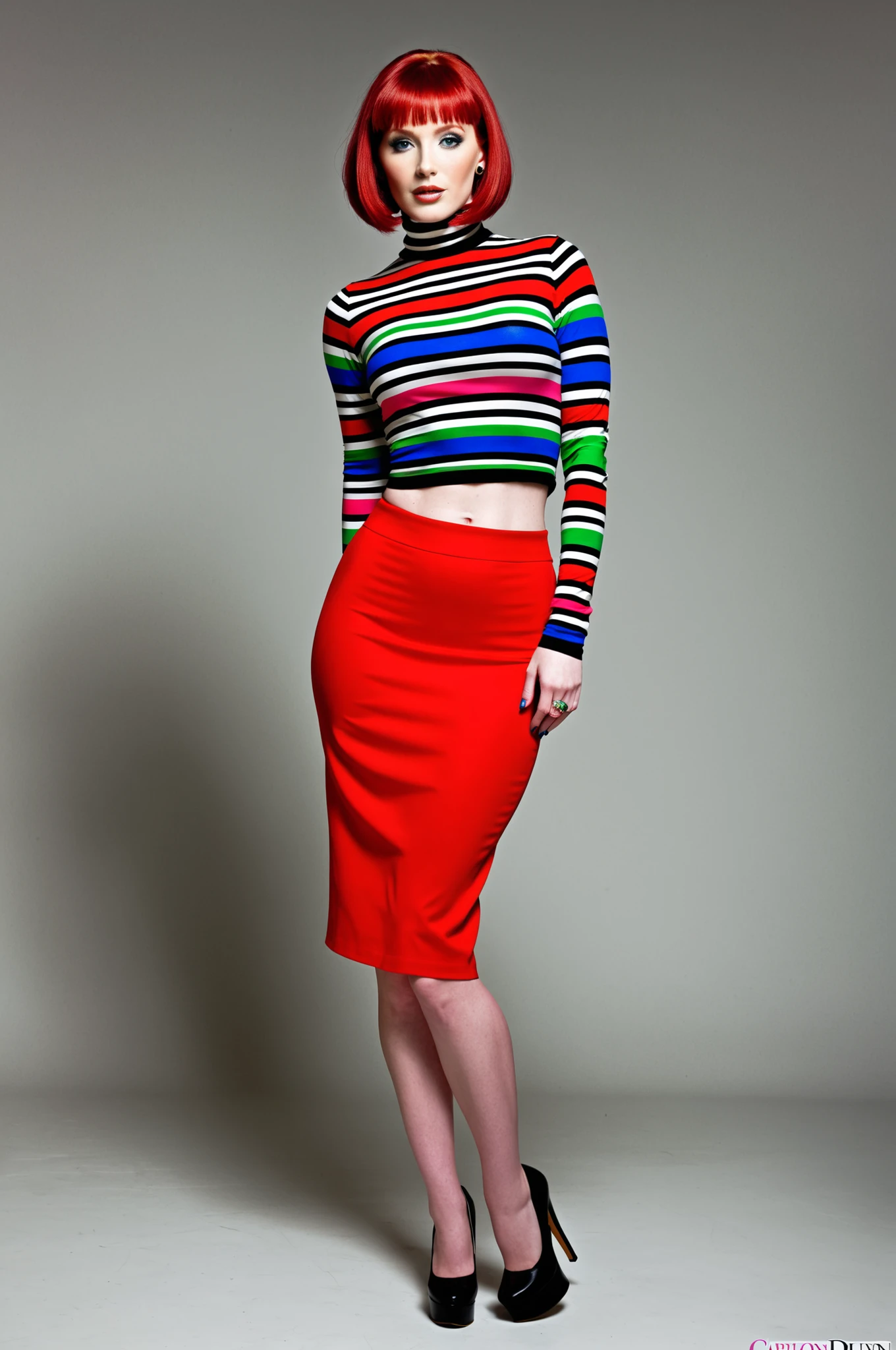 carolyn dunn, red hair, bobcut, gorgeous woman, vivid colors, full body, turtle neck, midriff, skirt