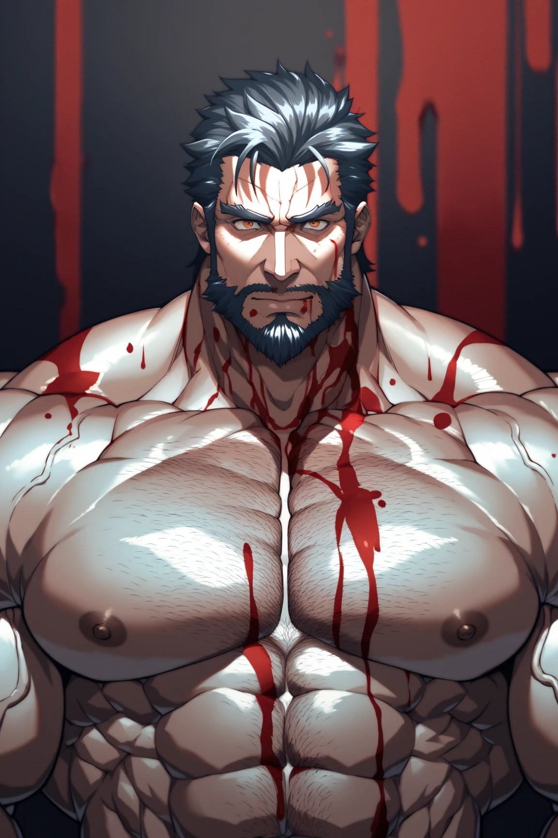 <lora:JackTheRipperJojo:0.8>, jacktheripper, 1boy, muscular, crazy grin, upper body, pectorals, abs, impaled, knife