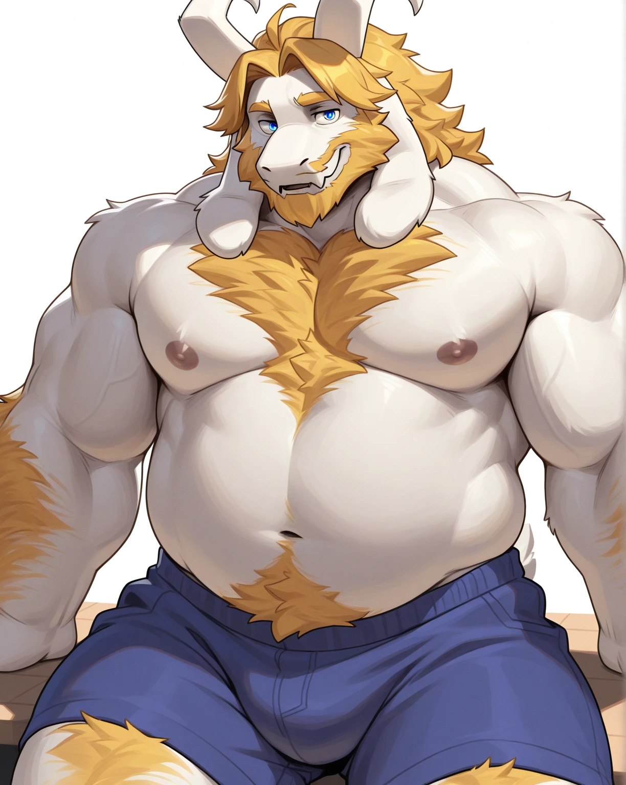 Asgore, undertale, Asgore dreemur, chubby, hairy,Male, anthropo goat, light blond fur, cream skin, blond hair, very fat, middle aged, mustache covered mouth blond,Blonde thick beard, seductive, detailed, half body, raised, chest and belly exposed, naked, hard penis, extremely hot and sexy, eye is half closed, eye contact, seductive, horny, hot, genital sheath exposed, hairy balls, speedometer, sweaty, afternoon, blue sky , hot temperature, TIME OF DAY, one arm raised, hairy armpit, by Hyaku , by darkgem, by glitter trap boy, chest hair, armpit hair, no clothes, naked, naked, Naked, without clothes, naked, normal eyes, Big dick, big balls, big, stocky, tall man, All white body hair, seeing from below, big hairy breaste, Muscular, strong, Wide man, stocky man, Bedroom scenario, Lying with arm behind head, Room, Highlight for armpits hairy and hairy breasts