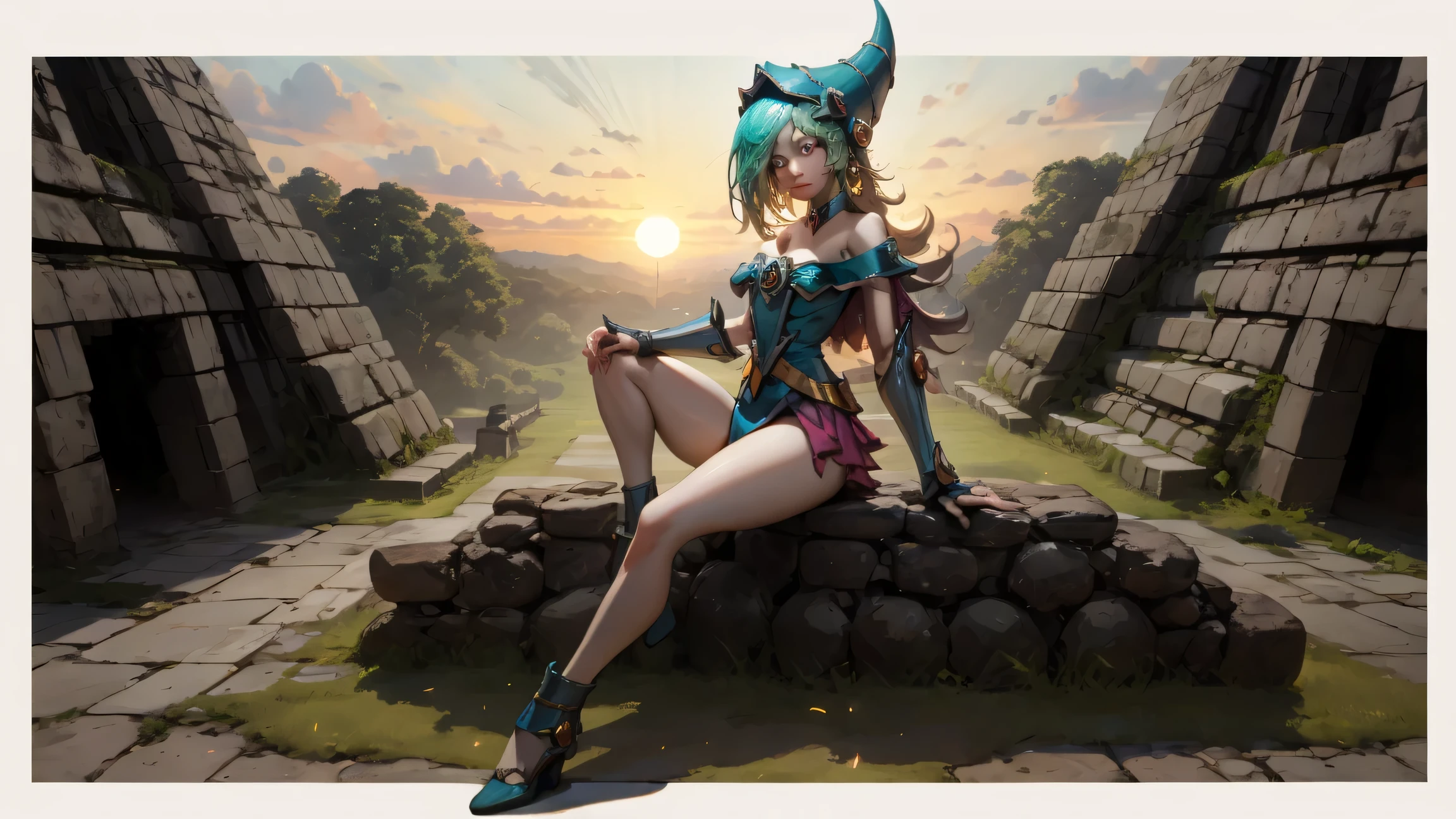 (remover o local marcado: 1.2), (full body: 1.2), Beautiful witch, 18 years old, fit and attractive body. The image must be high-quality 8k resolution and use advanced rendering techniques such as photon mapping, radiosity, and physical rendering with automatic white balance. The lighting should be cinematic, with masterful lighting and slightly intensified twilight. With magical witch effects. Details: The woman must have smooth, soft skin, with visible pores and a heart-shaped butt, a current trend in Brazil. She must wear a witch's hat and clothes, specifically cotton micro lingerie, with cotton panties or very short pajamas. The image should focus on your beautiful, symmetrical face, with ultra-detailed eyes, and the bikini line on your tanned skin. Pose: The woman must pose in a sexy way, looking directly at the viewer. She may be scantily clad, with small breasts and nipples visible, and her hair may be detailed with fringes and freckles. She should have a smiling expression. Background: The background of the magic and fantasy environment and must be ultra-detailed, rendered using CGI with Unreal Engine 5. But it must have a soft focus effect. Final artwork should not be based on a specific photograph, but should look realistic. Composition: The image should evoke a sense of technology and high-quality craftsmanship, reminiscent of a masterpiece of illustration and CG art. The composition must include elements of unity, wallpaper and official art. The final image must present fine details, extreme delicacy and beauty, with sharp focus and a high level of detail. (The construction of the image must be procedural based on the information described in this text: