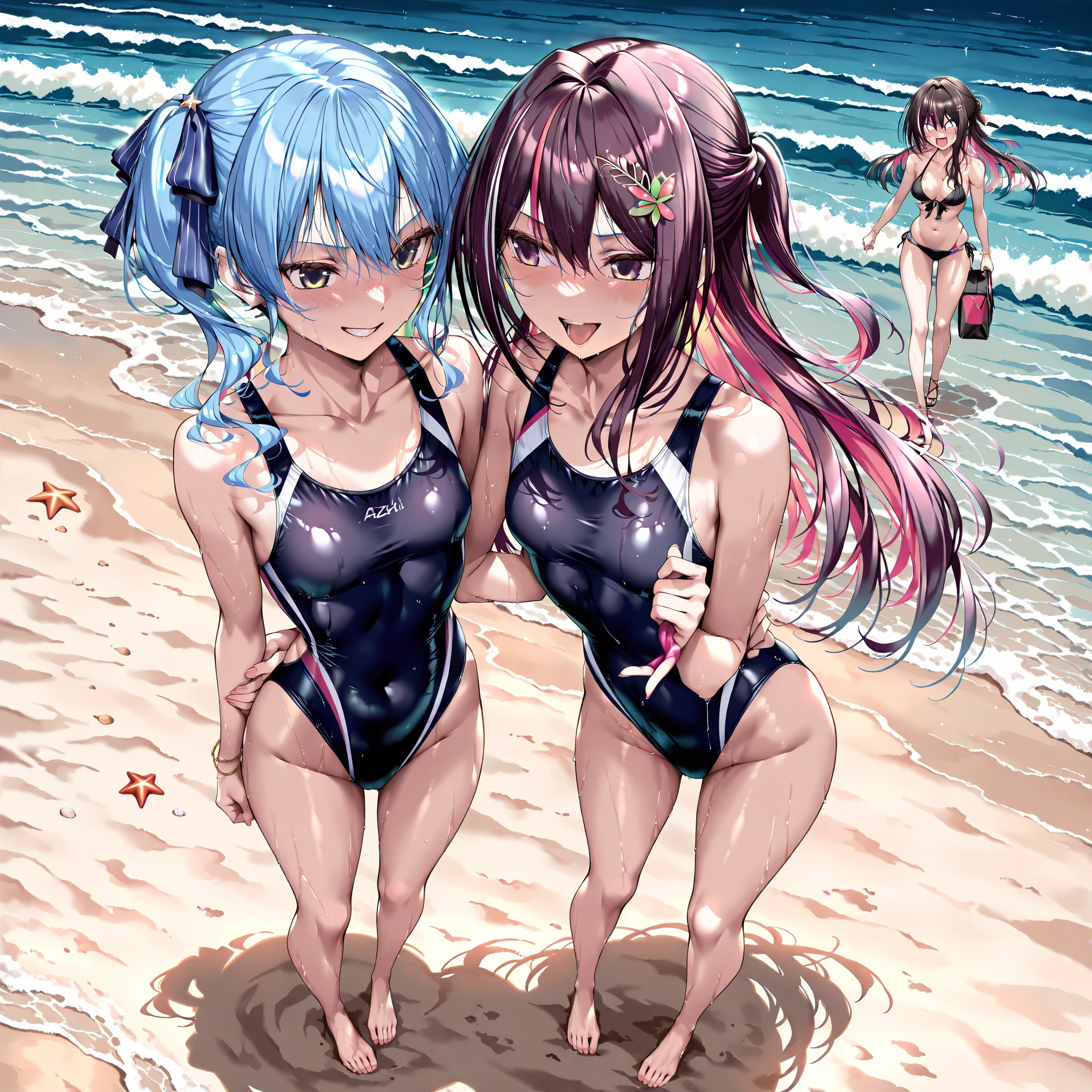 (Sky blue medium hair),(Braided hair tied together)、Pink eyes、Fair skin、(whole body)、(One Girl)、Black Swimsuit、Stylish sunglasses、Shining white sand beach in midsummer、Okinawa's ocean、A happy smile、、(masterpiece、Highest quality、Very detailed、Best Shadow)、(Detailed Background)、(Beautifully detailed face)、High contrast、(Best lighting、Very delicate and beautiful)、((Cinematic Light))、colorful、Hyper Detail、Dramatic Light、Exquisite detail、Standing with your legs apart