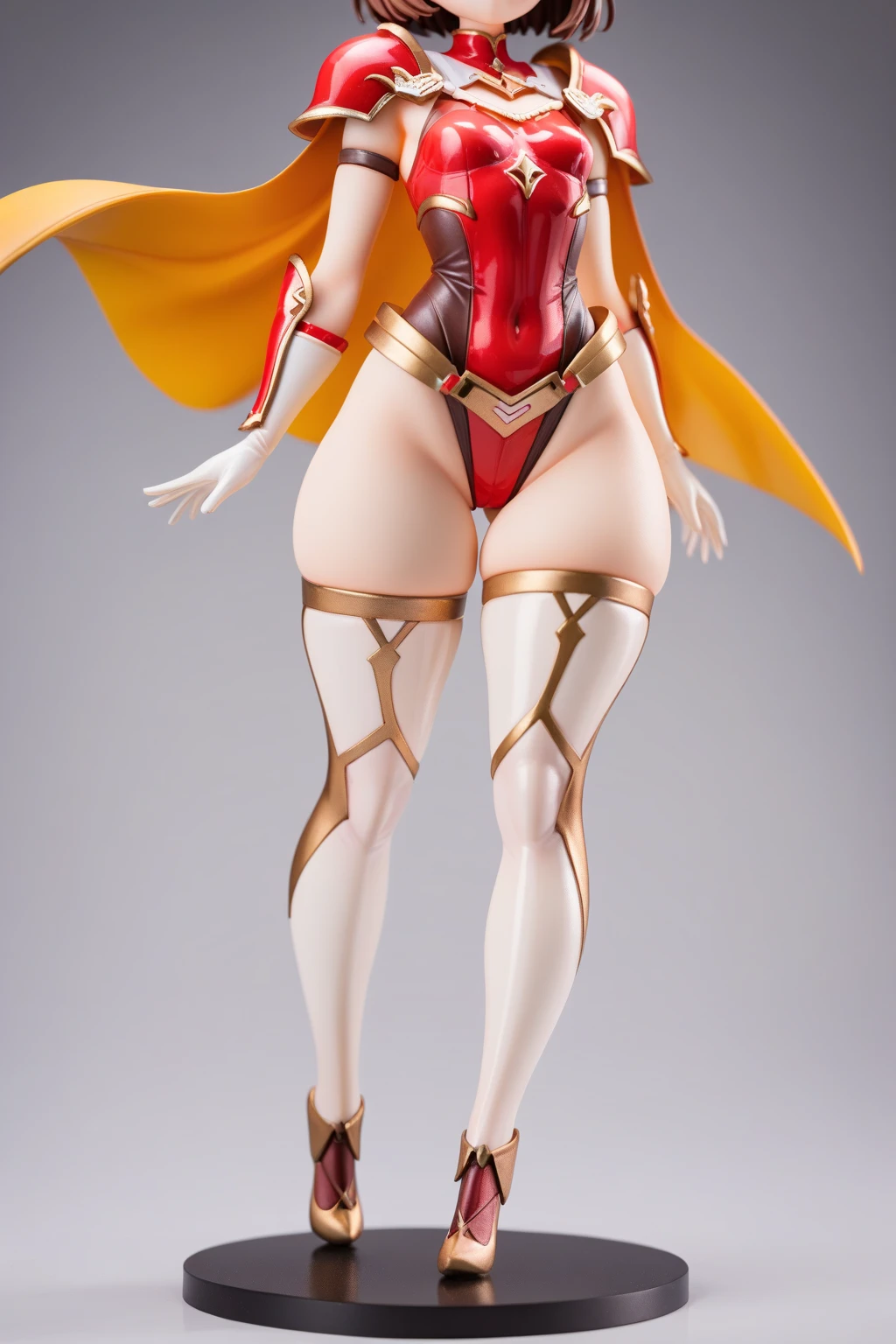 Two long thighs, yellow eyes, blonde hair, short hair, large breasts, detached sleeves, very white background, royal tiara, long cape, yellow tiger bikini, high heels, hands on hips. red tattoo on belly navel, full body female MILF BIMBO, lustful smirking smile face (red blush), metal shoulders, golden bracers sleeveless, black choker sex slave, blindolded, leather corset abs navel, parted lips, blindfolded