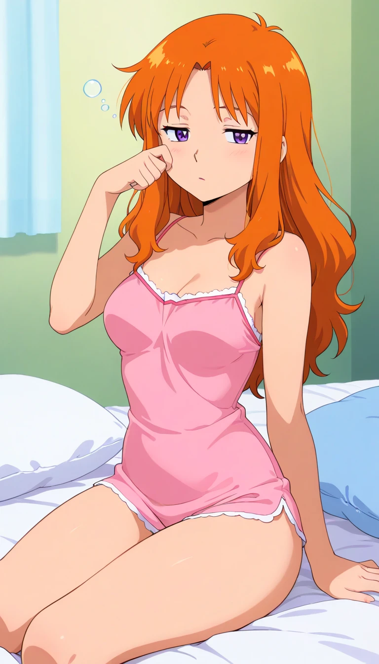 ultra realistic 8k cg, masterpiece, ((ultra detailed background, delicate pattern, intricate detail)), (highly detailed, fine details), best quality, 1girl, (photorealistic:1.4),beautiful lighting,  absurdres, RAW photo, film grain, 1girl, solo, kimberly ann possible, orange hair, green eyes, ((long hair, white Tank top , white underwear )), lying down, legs spread, pussy focus, zettai ryoiki, inside, bedroom environment, bed, window, complex detailed background, small breasts, cleavage 