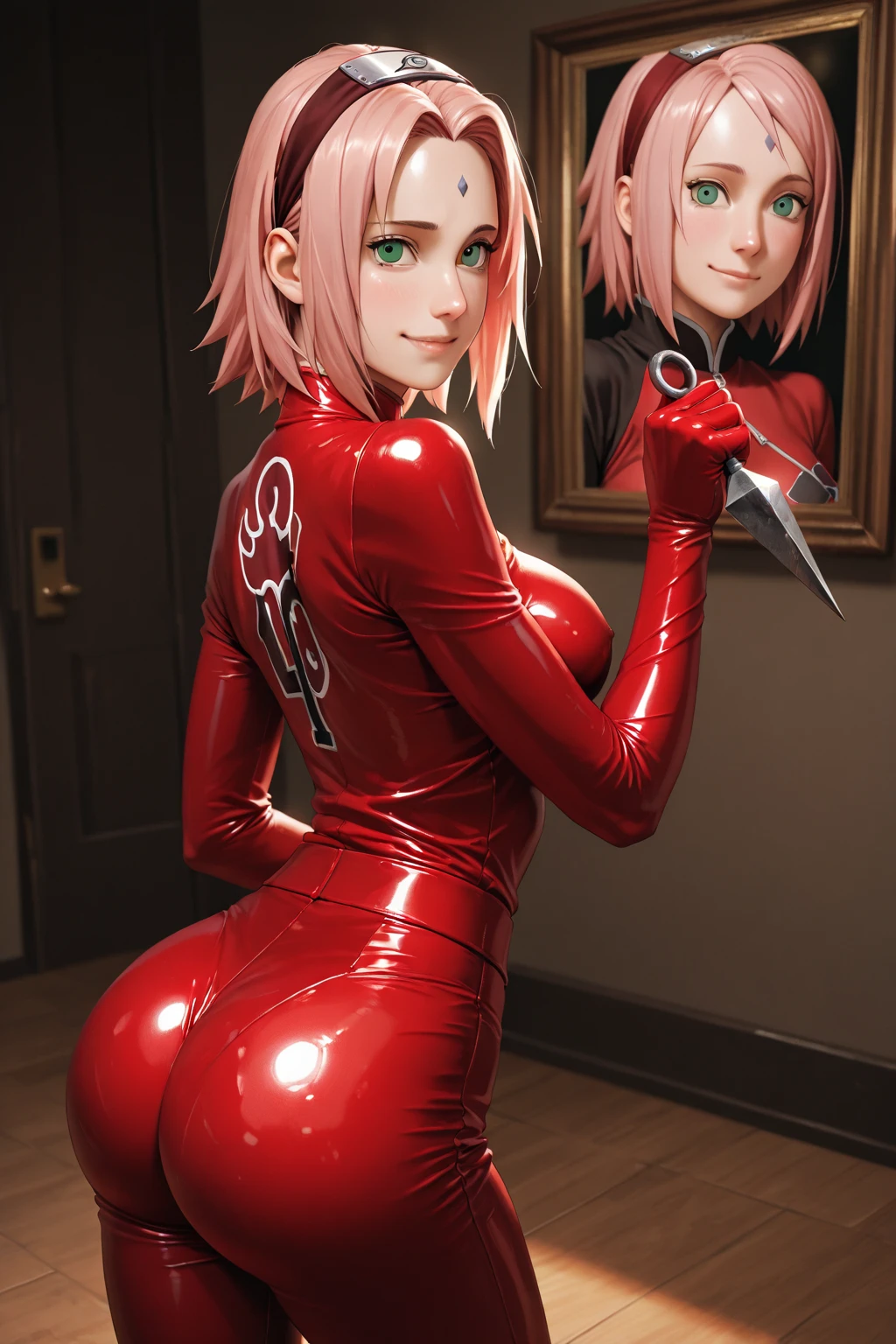 Meisterwerk, (realistisch), high-res, hochdetailliert, kompliziert, Beautiful women, rote Haare, blaue Augen, Sommersprossen, detailliertes Gesicht, looking at viewer, smile, Zero two, on all fours, from behind, big ass, great ass, red catsuit
