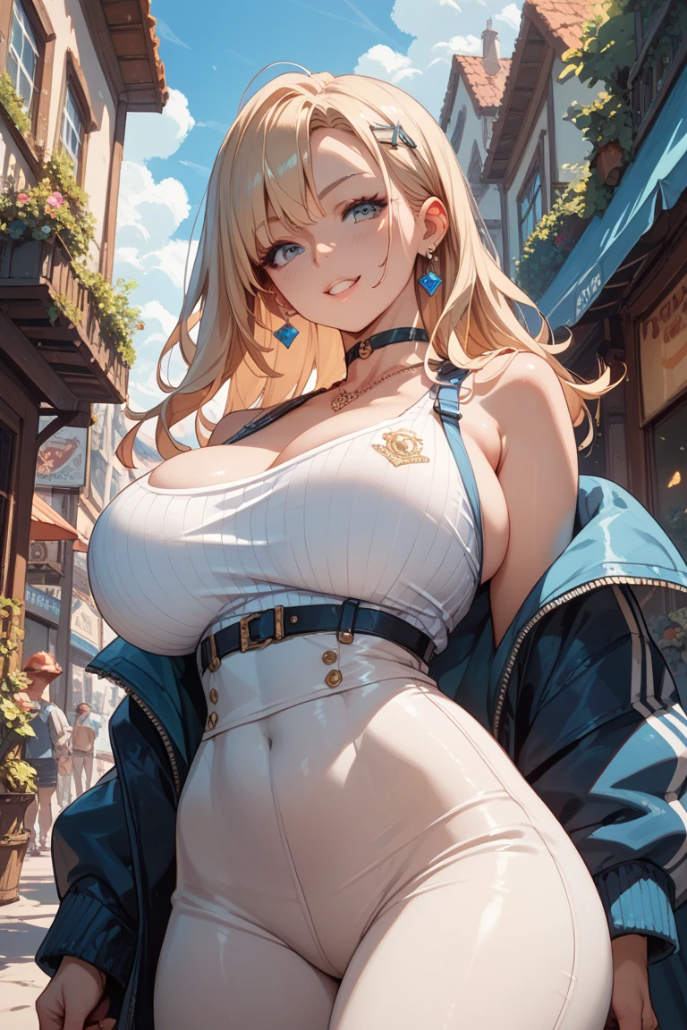 masterpiece, mischievous smile, lucy heartfilia, huge breasts, detailed night club in the background, (dark blue bunny suit: 1.2), side ponytail