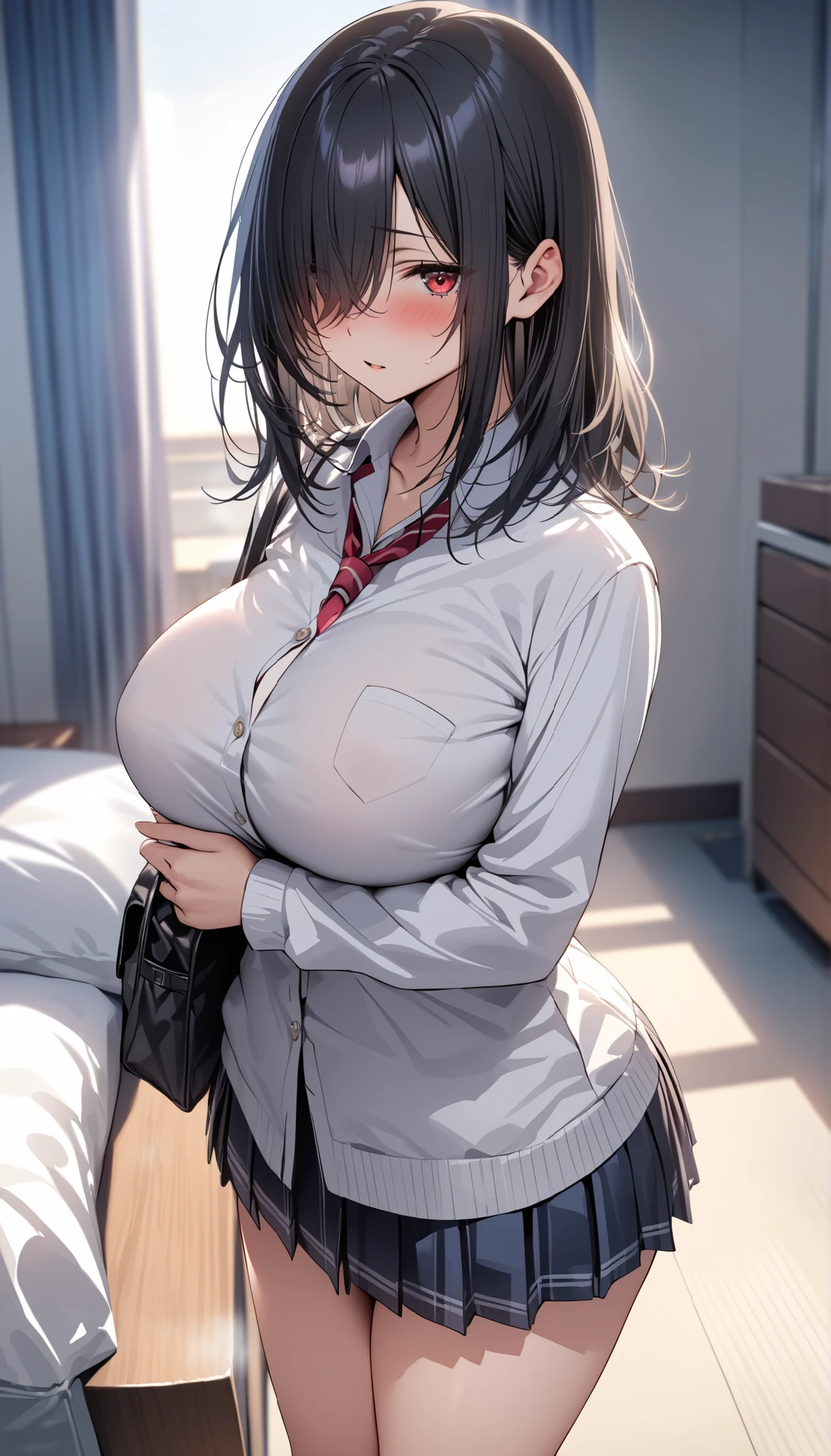 ((Highschool uniform)), (white shirt), (see-through), (short sleeves), (waist skirt), (Black plaid skirt), ((undressing shirt)), ((((full open buttons shirt)))), ((Half-naked)), ((breast cleavage)), ((stomach)), ((((shirt untucked over)))),
BREAK
sitting bed,
BREAK
(night lamp), ((bed room)), (((darkened room))),((sweat), (wet skin)), ((Soaked skin)), ((radiant skin)), ((erotic)), ((sensual)), ((simple background)), (Close-up of a girl), ((gravure)),
BLEAK
warm color scheme, Extremely exquisite body, beautiful detailed glow, cinematic lighting, 4K.8K, masterpiece, best quality, ultra detailed, highres, by top artist, by famous artist, by plo artist, Authentic shiny skin texture,