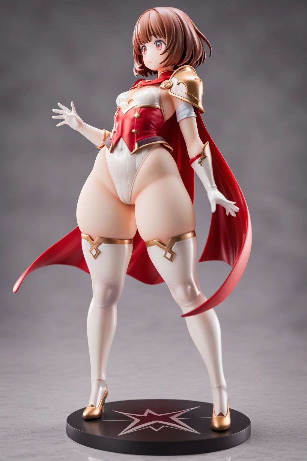 1sologirl, two long thighs, yellow eyes, blonde short hair, large breasts, detached sleeves, very white background, royal tiara, long cape, yellow tiger bikini, high heels, hands on hips. red tattoo on belly navel, full body female MILF BIMBO, lustful smirking smile face (red blush), metal shoulders, golden bracers sleeveless, black choker sex slave