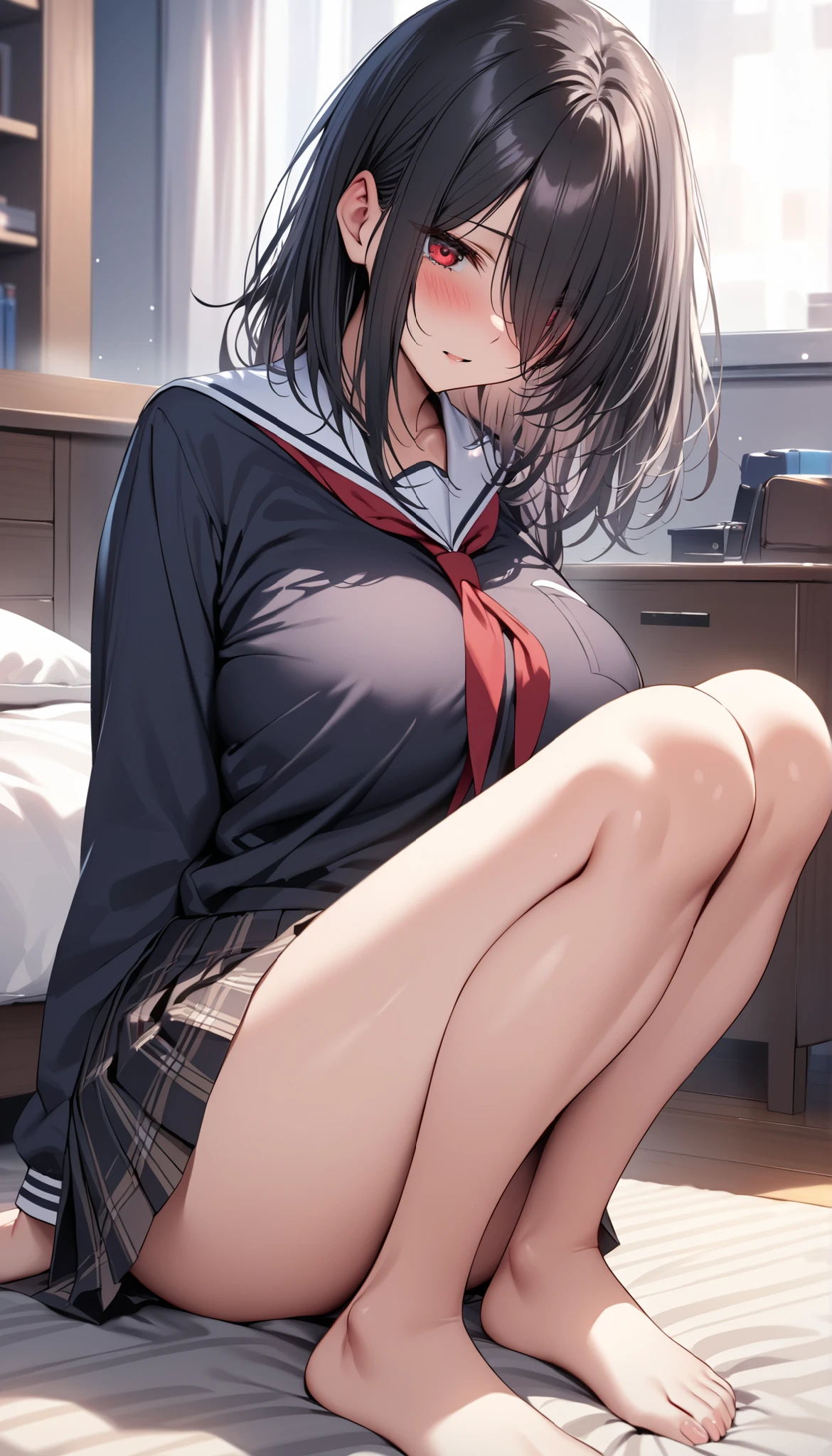 NFSW、masterpiece、Highest quality、Ultra-high resolution、Medium breasted girl、red and large eyes,、Black Hair、 (Medium Long Hair、Short braided hair)、The inside of the hair has blue coloring.、blush、（Pussy juice）、Spread your legs、(On the sofa)、(Nipples)、Sweat all over、Elementary school student white dress、Pussy
