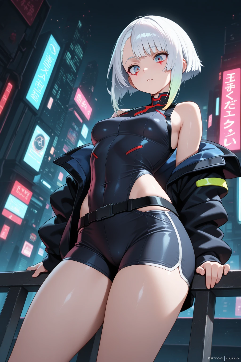 [anby demara], ((masterpiece)), ((solo portrait)), ((waist up)), ((low angle view)), ((HD)), ((High res)), ((anime)), ((detailed shading)), ((cinematic lighting)), {(athletic figure), (cute orange eyes), short eyelashes, short white hair, (defined toned legs), (beautiful feet), (blank expression)}, {(black headphones), (midriff), (black thighhighs), (thong straps on hips)}, {(dynamic pose)}, [ambient lighting, city, moonlight]