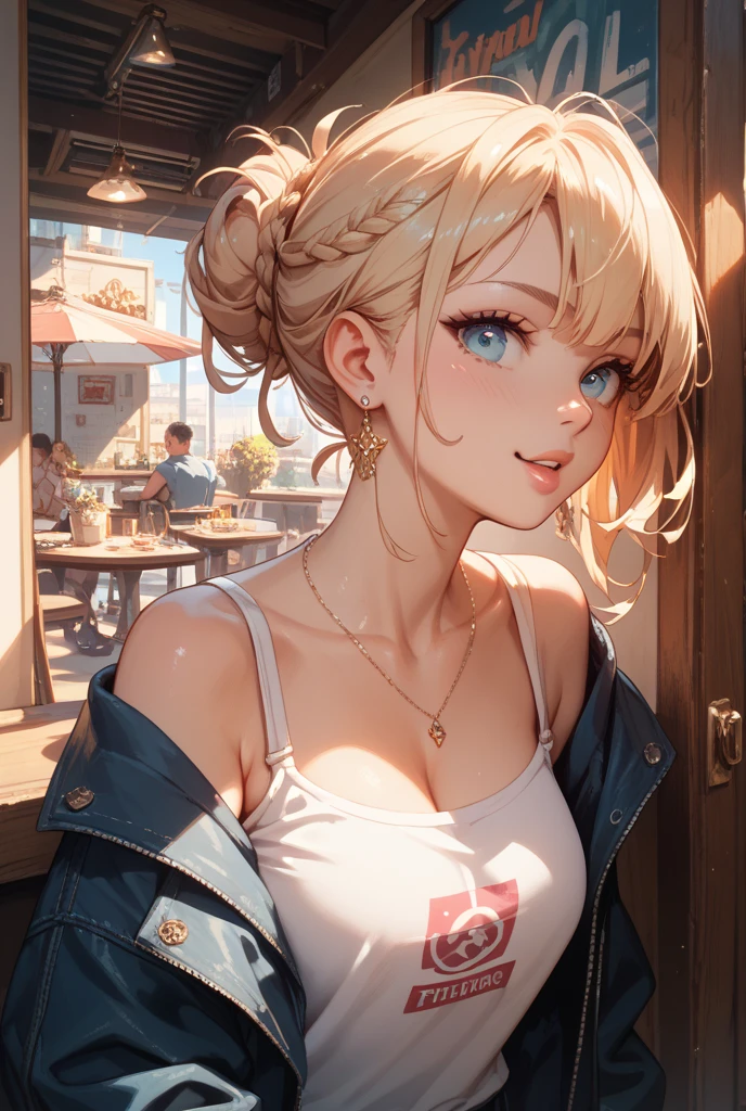 (oil, masterpiece, highest quality, Super detailed, Focus on the characters), woman,White tank top,Big Breasts,tattoo,A fawning smile,Blonde,Updo,,Detailed hair depiction,Detailed depiction down to the tips of the hair([return:0.8]|[ face facing returnwards:1.1]), ,([A deserted bar scenario:1.2]|[ ground:1.3]| [High Contrast:1.1])  