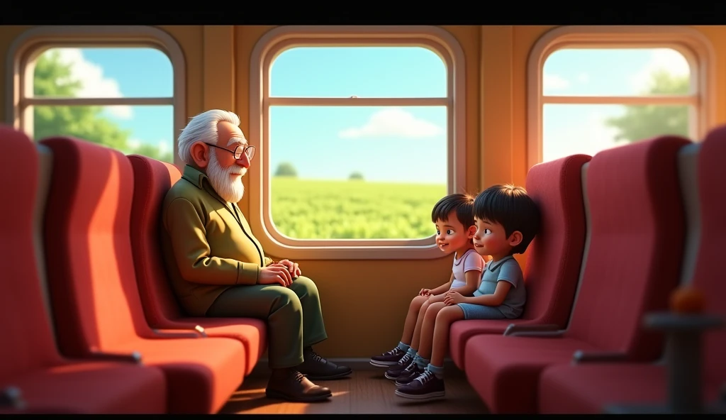 A Baba talking to TC in a train, 3D animation style 