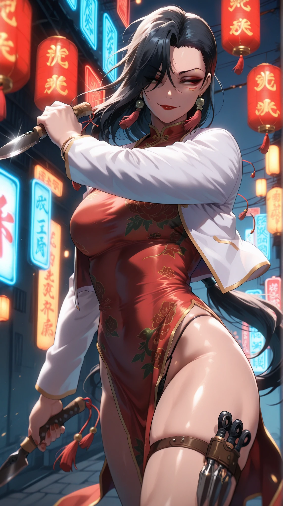 top-quality、Top image quality、in 8K,4K,masterpiece、(NSFW:1.1)、ultra-detailliert、Beautiful、ultra-quality、adult-like、Cool、((Undersized breasts:1.4、Narrow cleavage, under the boobs, (Bloods:1.4), wounds, (Bloody:1.1), Blood everywhere, (Blood on clothes:1.1), blood pool, (Covered with blood:1.3))、Girl Eating People's Flesh(((18year old、Kyungsi Style:1.3、bra very:1.1、Chinese Long Sleeve:1.3、Wearing Chinese Hair Ornaments:1.5、silber hair、long braided red hair:1.3、Putting out fangs:1.5、fingers long nails:1.3、Wearing Chinese shoes:1.3 Yellow Eye、erotick:1.4、Happiness、The tattoo)))、hiquality、visualart、Background with((Dark Old Chinese House:1.3、Midnight Chinese old house background:1.3、Black fog:1.3、Broken coffin:1.5))、masutepiece