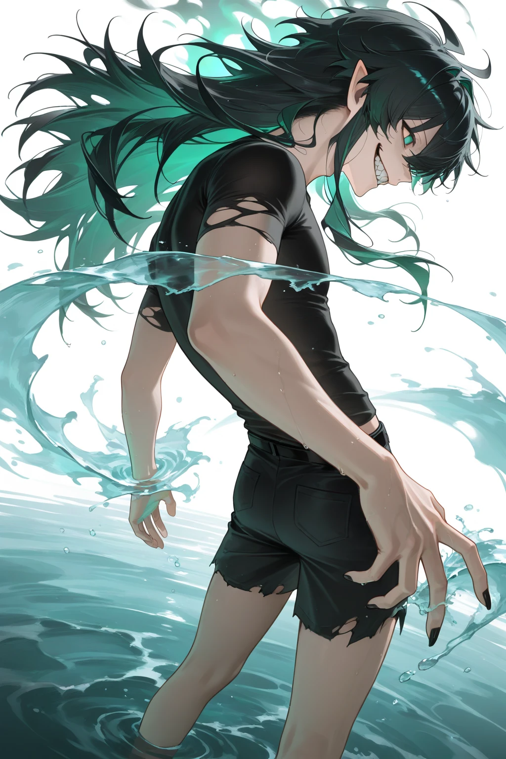 Male: Black hair down to his waist, with 2 blue strands, blue eyes, has a blue fish tail, fins on his arms, has fish ears, uses water magic, wears no shirt