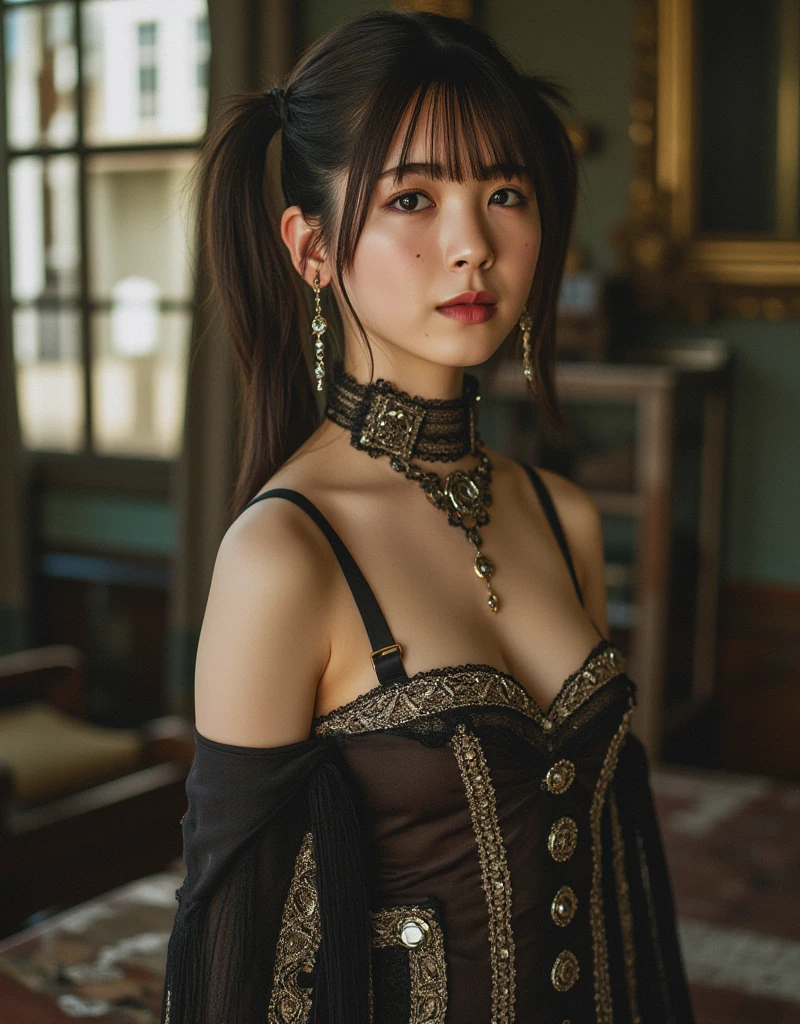 best quality、masterpiece、ultra-high-resolution、(photoreallistic:1.4)、Raw photo、1 girl、Black hair、glowy skin、1 Mechanical Girl、((hyper realistic detail))、portlate、Global Illumination、Shadow、octane rend、、ultrasharp、big tit、Raw skin is exposed in cleavage、metals、Details of complex ornaments、Gothloli details、Analog Meter、cog、gear、golden hydraulic cylinder、hyper intricate details、Realistic light、CGSoation Trends、purple colored eyes、eyes glowing、Facing the camera、neon detailechanical limbs、blood vessels connected to tubeechanical vertebrae attached to the back、mechanical cervical attaching to neck、sitting on、Wires and cables connecting to the head、Small LED lamp、