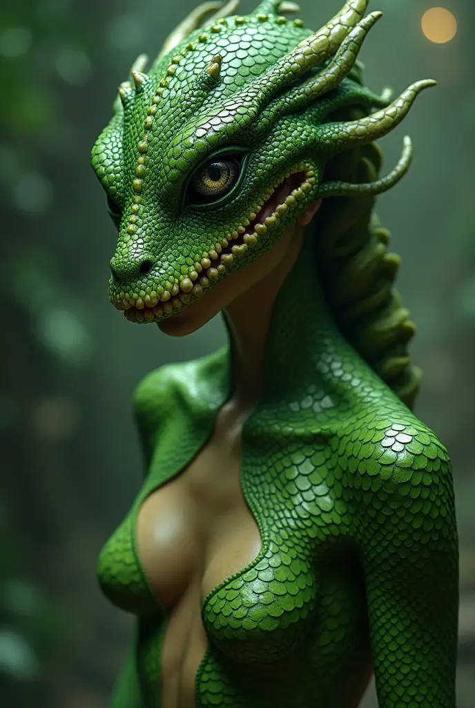 Lizard, scalie, by bebebebebe, female, light green body, large legs, big breats, small waist, wide hips, sitting, bed, eyes closed, slepped, streaching, close view