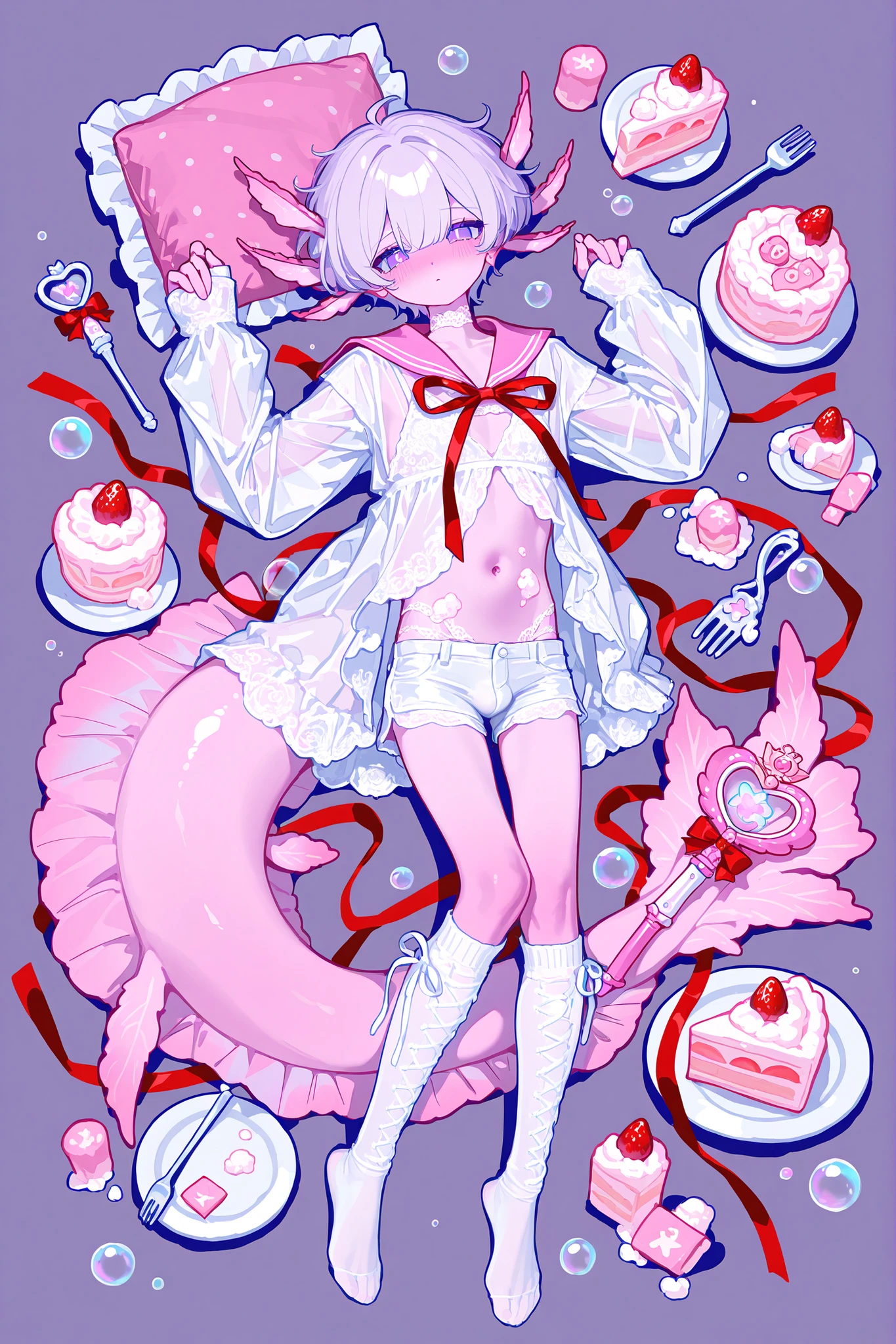 xxx667_illu,(male/boy character) The femboy idol. Beastman/furry/anthropomorphic axolotl. He has light pink skin covered with blush. He has a petite, flat-chested androgynous body structure. He has two-tone blue-purple eyes. He has pink short hair with Two-block boys's haircut. He has six pink external gills of an axolotl on his head. He has ear fins. He has an axolotl tail with a pink fin and is decorated with a red ribbon with a bow. He has a dorsal fin. He is wearing a white lace set: lace panties and a bra, over silk mini shorts and a short lace negligee with long sleeves exposing his stomach. He's got a bulge in his shorts. He wears lace-up knee socks with open noses. He has red ribbons with bows on his wrists, ankles and on the back of his neck. On the background: a bedroom-style stage with strawberry cream decoration of strawberry cakes, bubbles, cute pink sailor moon magical wand, pillows, plate with fork.
