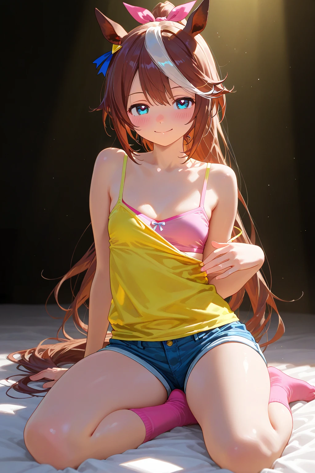 Follow Us, food yuuki, (brown eyes:1.5), brown hair, hair ornaments, hair Scrunchie, long hair, pink Scrunchie, Scrunchie, (flat chest:1.2),happy smile, smile, open your mouth,white tank top shirt,Belly button soup,shorts,barefoot,sneakers,noon,the sun's,
break outdoors, In town,building street,
break looking at viewer, (cowboy shot:1.5),
break (masterpiece:1.2), highest quality, High resolution, unity 8k wallpaper, (figure:0.8), (detailed and beautiful eyes:1.6), highly detailed face, perfect lighting, Very detailed CG, (perfect hands, perfect anatomy),