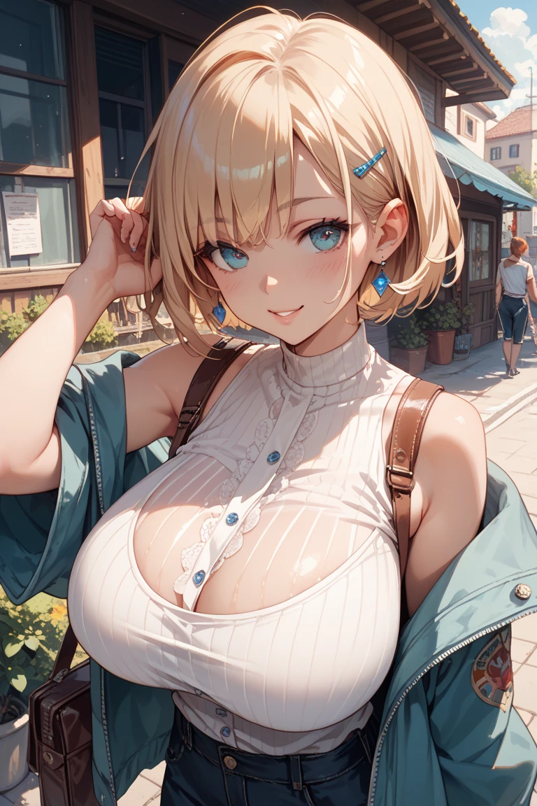 (masterpiece:1.2, Highest quality), (Realistic photos), Beautiful illustrations, (Natural side lighting, Cinema lighting),(1 person), Japanese, 20-year-old female, Perfect Face, Symmetrical cute face, Glowing Skin,Blonde Short Hair、Dark blue eyes, (Huge breasts:1.2), Slender build、Beautiful Hair, Beautiful Face, Fine and beautiful eyes, Beautiful body, Beautiful breasts,hat、(sundress)、smile、Blushing、walk、Country Road、Paddy field、blue sky、White cloud、Summer landscape