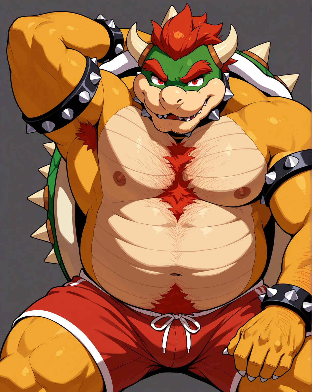 Bowser, beard, daddy, seductor, mirando al espectador, seductive smirk, pecs, big pecs, (posing) macho, masculine, male focus, chubby, de cerca, frontal view, full body, bedroom, sweaty, hairy chest, hairy arms, hairy belly, hairy legs, hairy bush, hairy feet, detailed speedo, big underwear bulge, hands on pecs