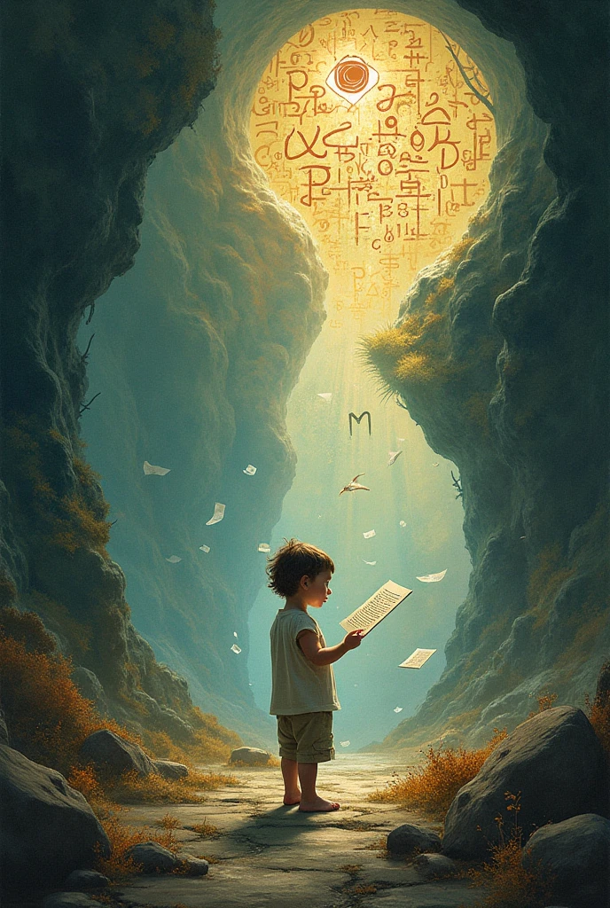 A child wearing headphones with a frustrated expression, while a giant book is suffocating her with a desperate face