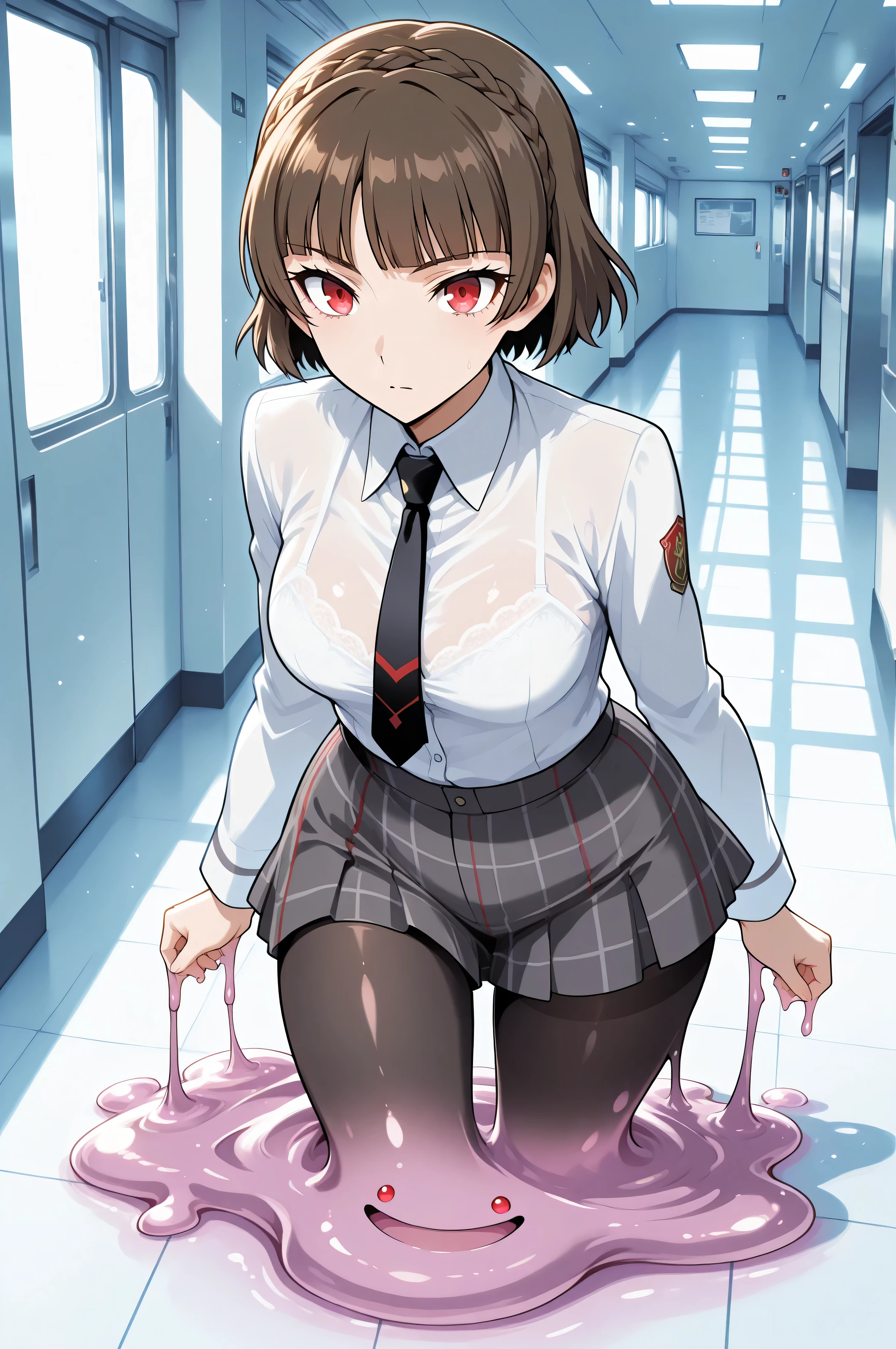 melting,slimification,transformed ditto,score_9, score_8_up, source_anime,1 girl, Alone,23 years old:1.4,lighting forward:1.4,mature adult p5makoto, nijima makoto, makoto school uniform, brown hair, blunt bangs, crown braid, red eyes,flipped hair,tsurime, big eyes, black pantyhose, see-through pantyhose, extremely detailed, amazing quality, very aesthetic, ultra detailed, perfect detail
