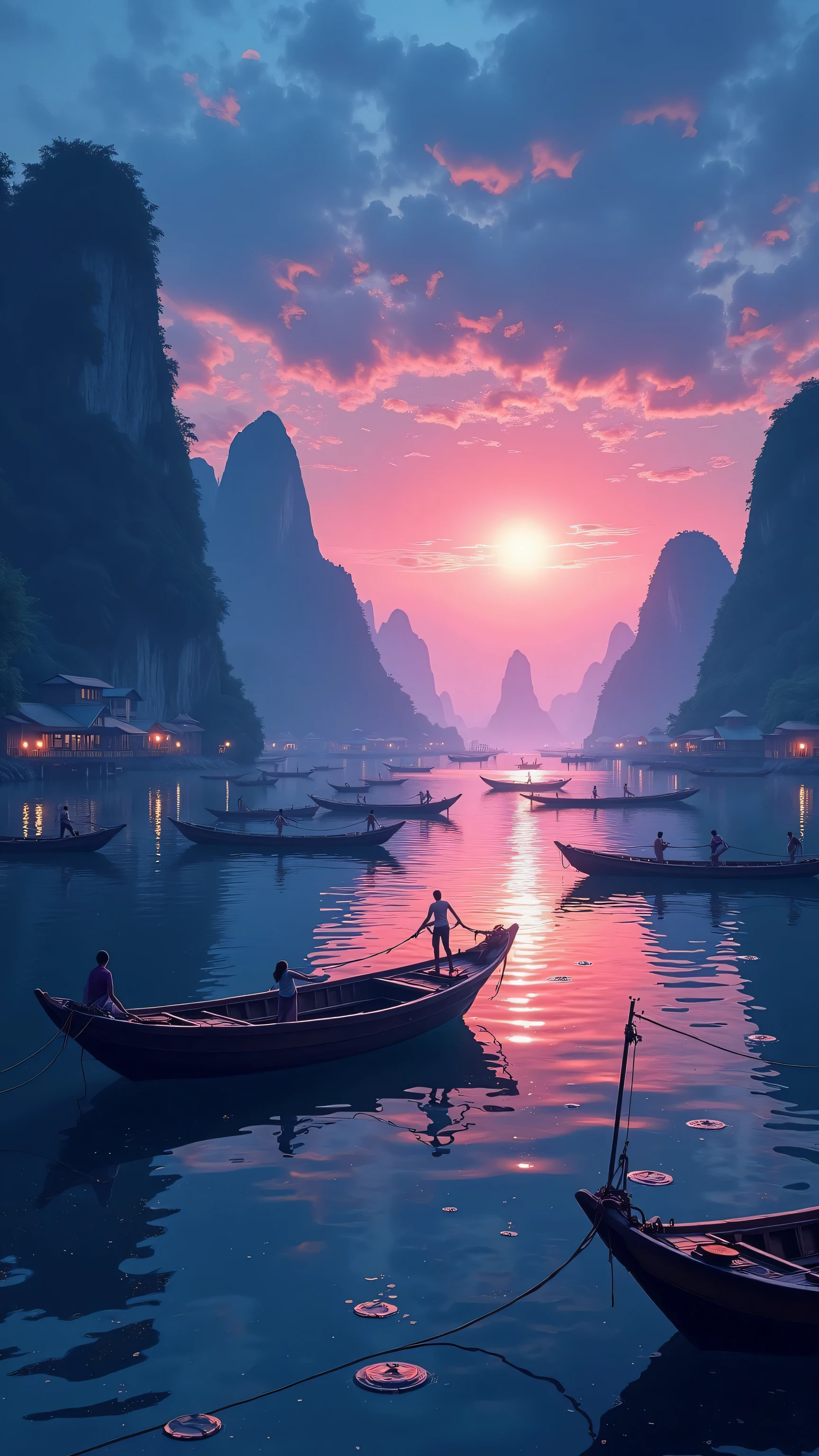  BEFORE DAWN IN VIETNAM、TONKIN BAY WITH DAWN、 Vietnam、wonderful scenery、Fishing port、quiet sea、Digital Illustration、4K HIGH DEFINITION DIGITAL ART、 colorful、 anime art 4k wallpaper 、 anime art 4k wallpaper 、 4K Detailed Digital Art 、  Natural Landscape 、 anime art wallpaper 8k 、 background artwork 、 Amazing 4K Art、MANY FISHING BOATS PREPARING