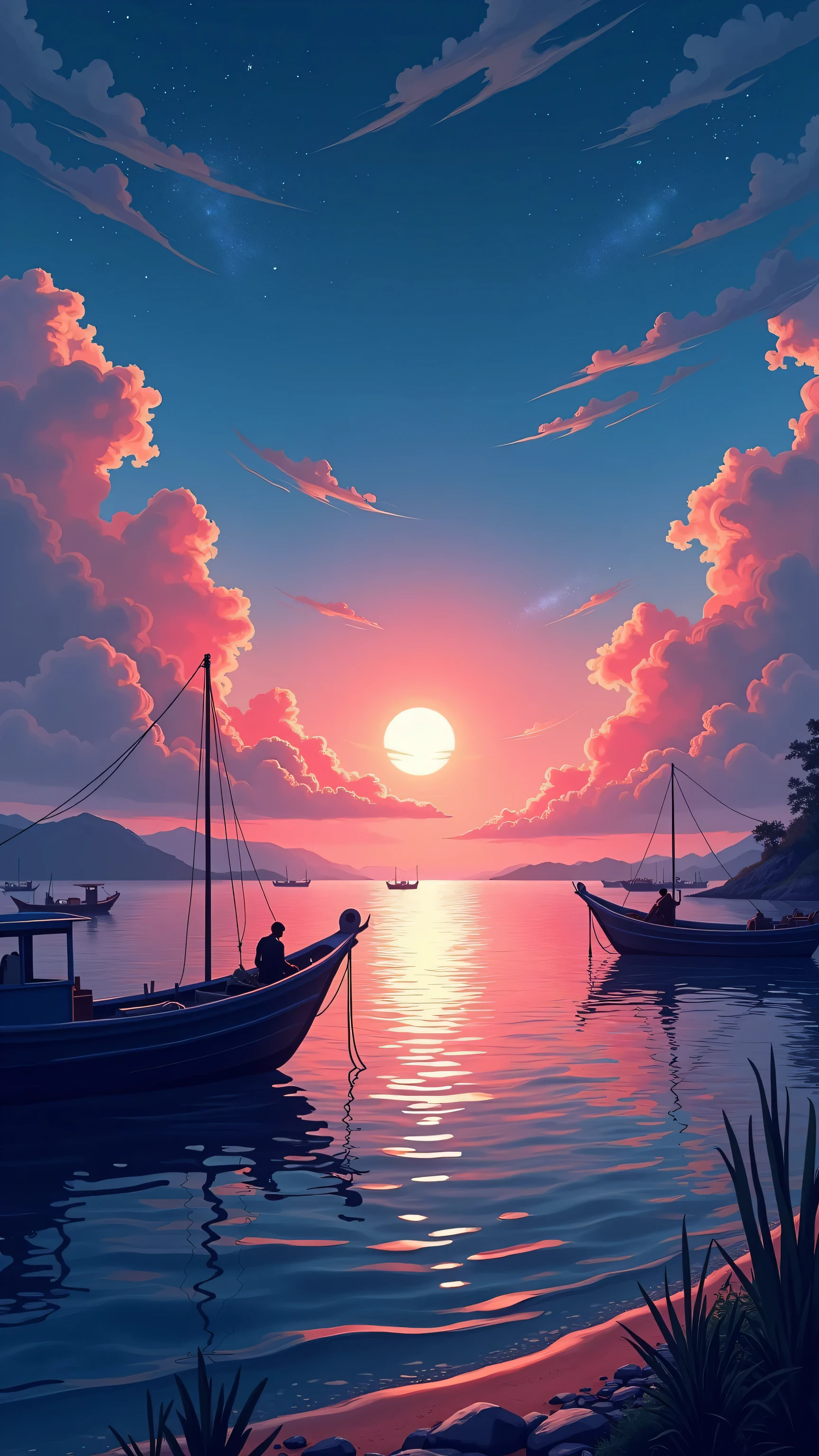  BEFORE DAWN IN VIETNAM、TONKIN BAY WITH DAWN、 Vietnam、wonderful scenery、Fishing port、quiet sea、Digital Illustration、4K HIGH DEFINITION DIGITAL ART、 colorful、 anime art 4k wallpaper 、 anime art 4k wallpaper 、 4K Detailed Digital Art 、  Natural Landscape 、 anime art wallpaper 8k 、 background artwork 、 Amazing 4K Art、MANY FISHING BOATS PREPARING