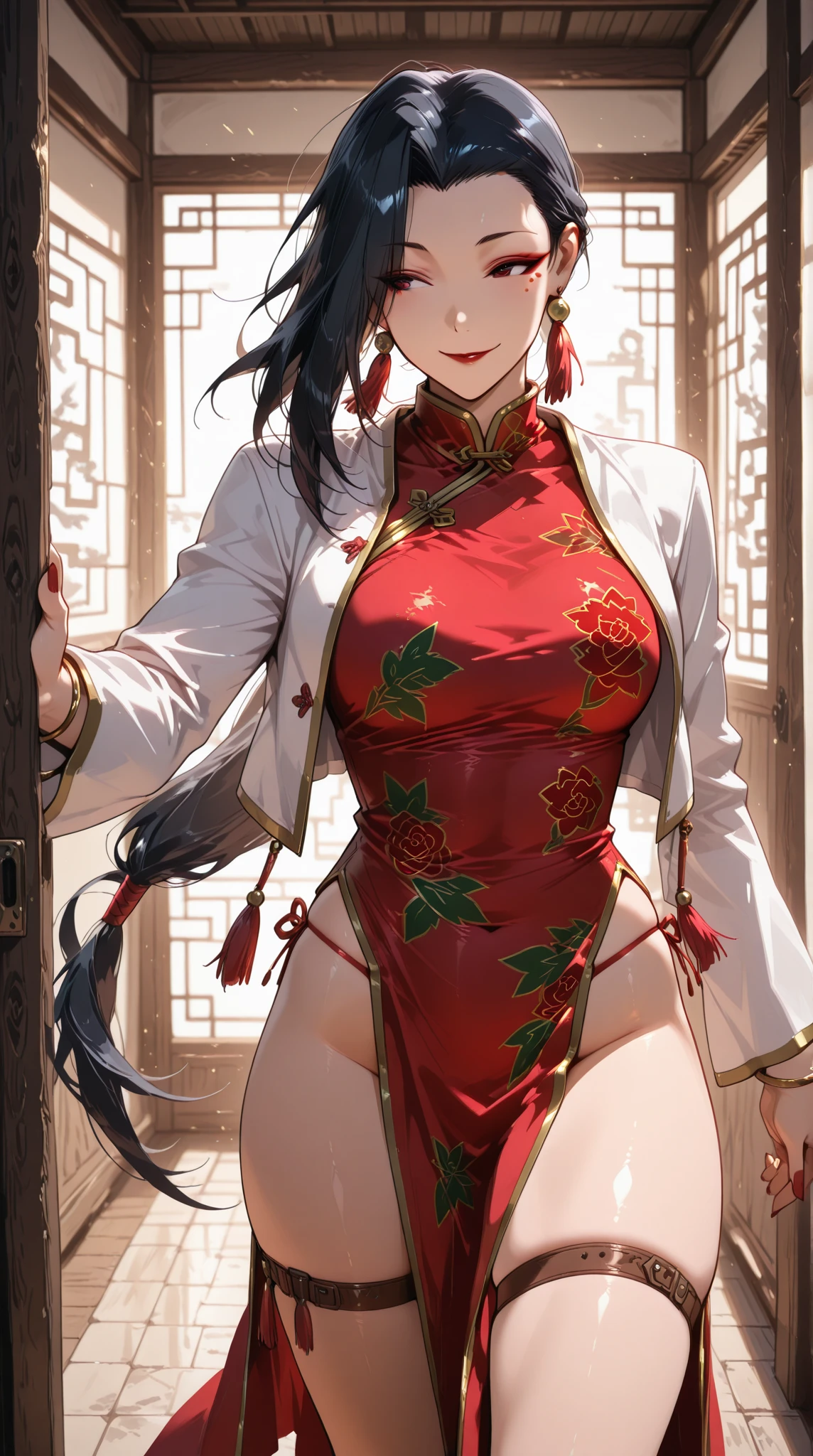 (masterpiece、Highest quality、Very detailed))、One girl、Black Hair、Long Hair、himecut、blunt bangs、Red eyes、evil smile、((Grin))、((Red Lip))、((Large Breasts))、((red chinese clothes))、No sleeve、((pantyhose))、Thick waist、Cowboy Shot、Fold your arms behind your head、Show your side、((night))、Downtown background