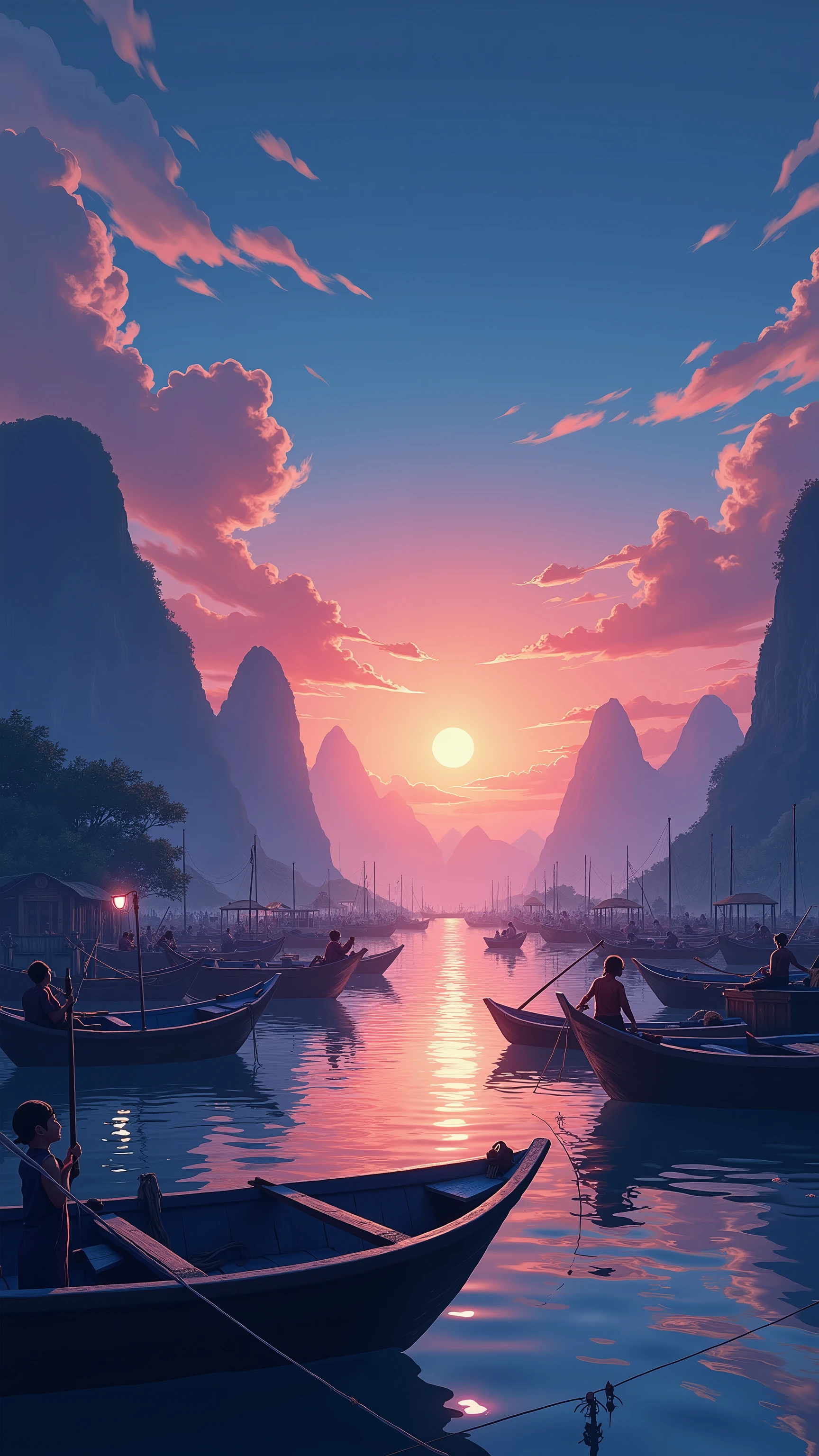  BEFORE DAWN IN VIETNAM、TONKIN BAY WITH DAWN、 Vietnam、wonderful scenery、Fishing port、quiet sea、Digital Illustration、4K HIGH DEFINITION DIGITAL ART、 colorful、 anime art 4k wallpaper 、 anime art 4k wallpaper 、 4K Detailed Digital Art 、  Natural Landscape 、 anime art wallpaper 8k 、 background artwork 、 Amazing 4K Art、MANY FISHING BOATS PREPARING