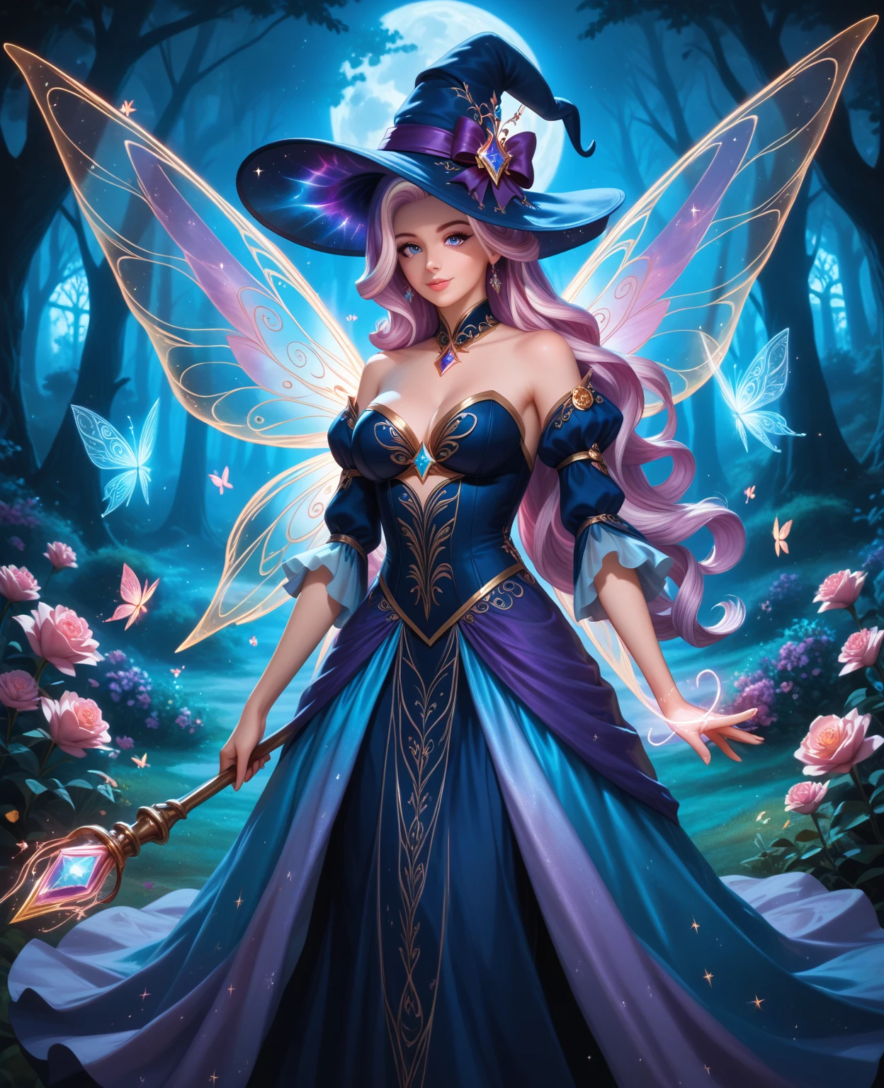 sexy full shot body photo of the most beautiful artwork in the world, illustration, cinematic light, fantasy, highres, highest quallity, ultra detailed, best quality, masterpiece, (detailed face), sexy mature woman wears a shirt and (torn) fullbody (transparent galaxy) cloths coat, floating cloth, choker, glowing (elder underworld fantasy) forest plants with neon details, open shoulders, tiny glowing butterfly, hair jewery, wearing a torn witch hat, (focus on body:1.25), night, small mutated animals in background, torn mini skirt ,a potion on hip, shoulder pads emitting magic energy, cameltoe, dark, light reflection