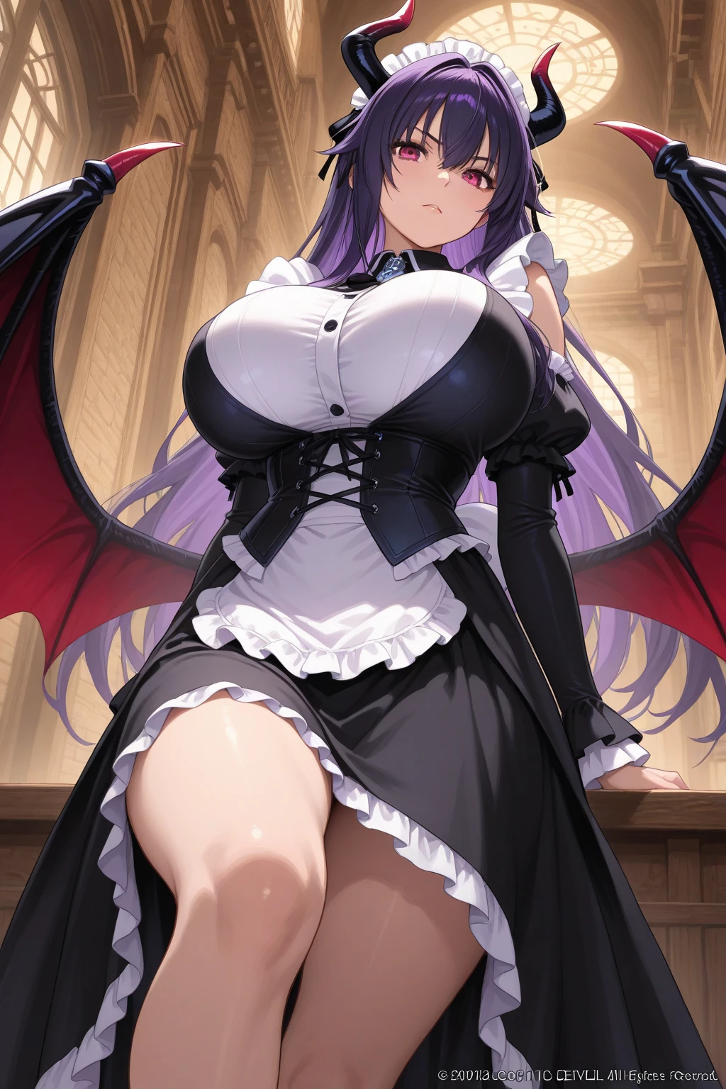 master piece, highly detailed, ultra-detailed, alone, (1Woman), mature, tall, milf, long hair, purple hair, girl, Dragon Woman, black dragon, black dragon horns, dragon wings, black scales, gorgeous, Charming, black eyes, elegant, large chest (huge), perky breasts, friendly smile, charming, flame