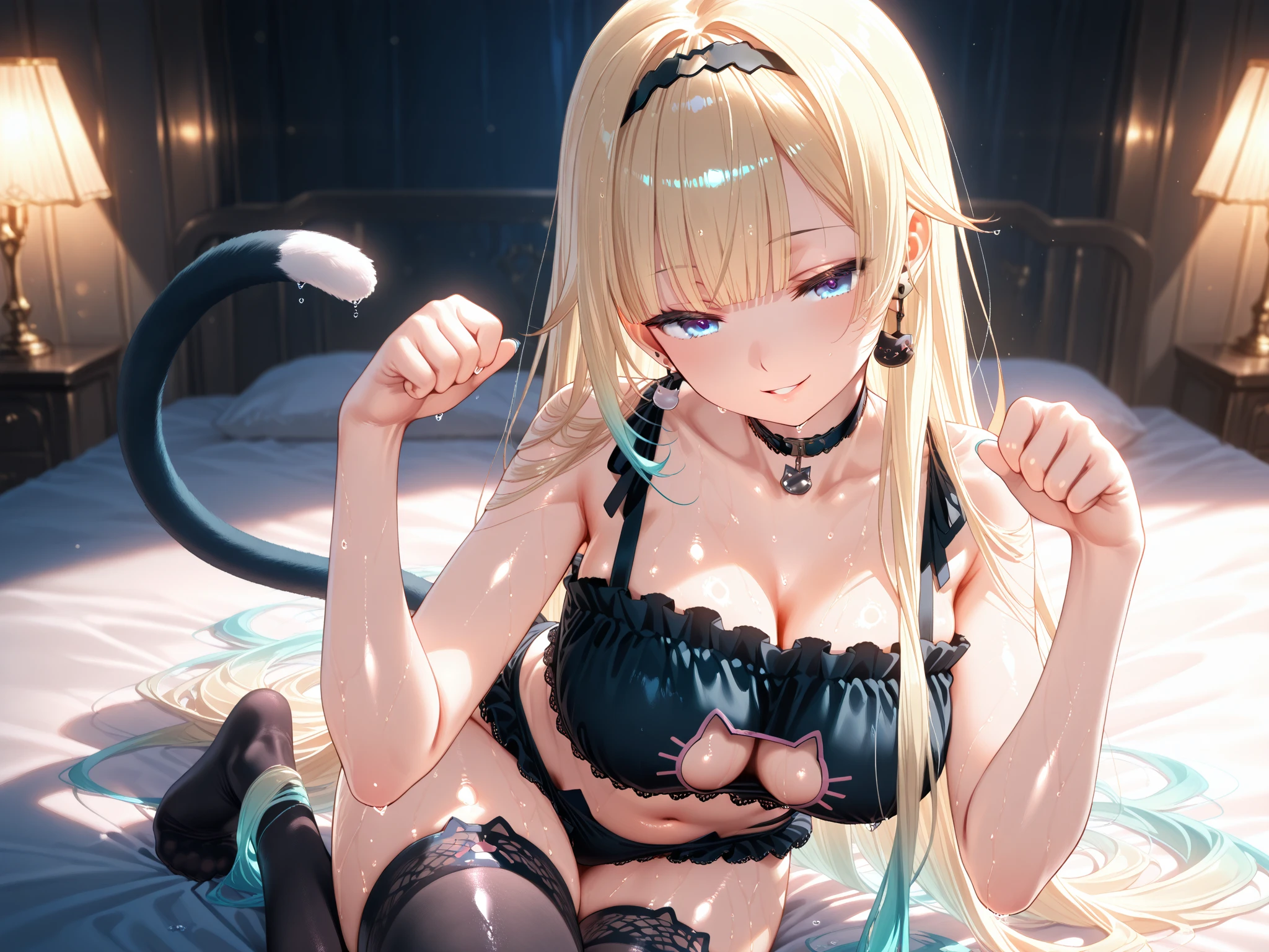 Masterpiece ,best quality , high resolution , (1 girl solo:1.38) , (mavis, long hair, blonde hair, (green eyes:1.5), ahoge, wavy hair, animal ears,) , (cleavage:1.2) , (medium breast:1.28) , (wear baseball hat , belly , navel , sport top , sport short , stockings ) , (cleavage:1.15) , (big breast:1.1) , (face view , look at view ) , (outdoor ,on street , road , night , lamp, shop, avenue, raining , vivid rain , heavy rain) , (sitting on floor:1.2 ) , ( full face blush , shy )