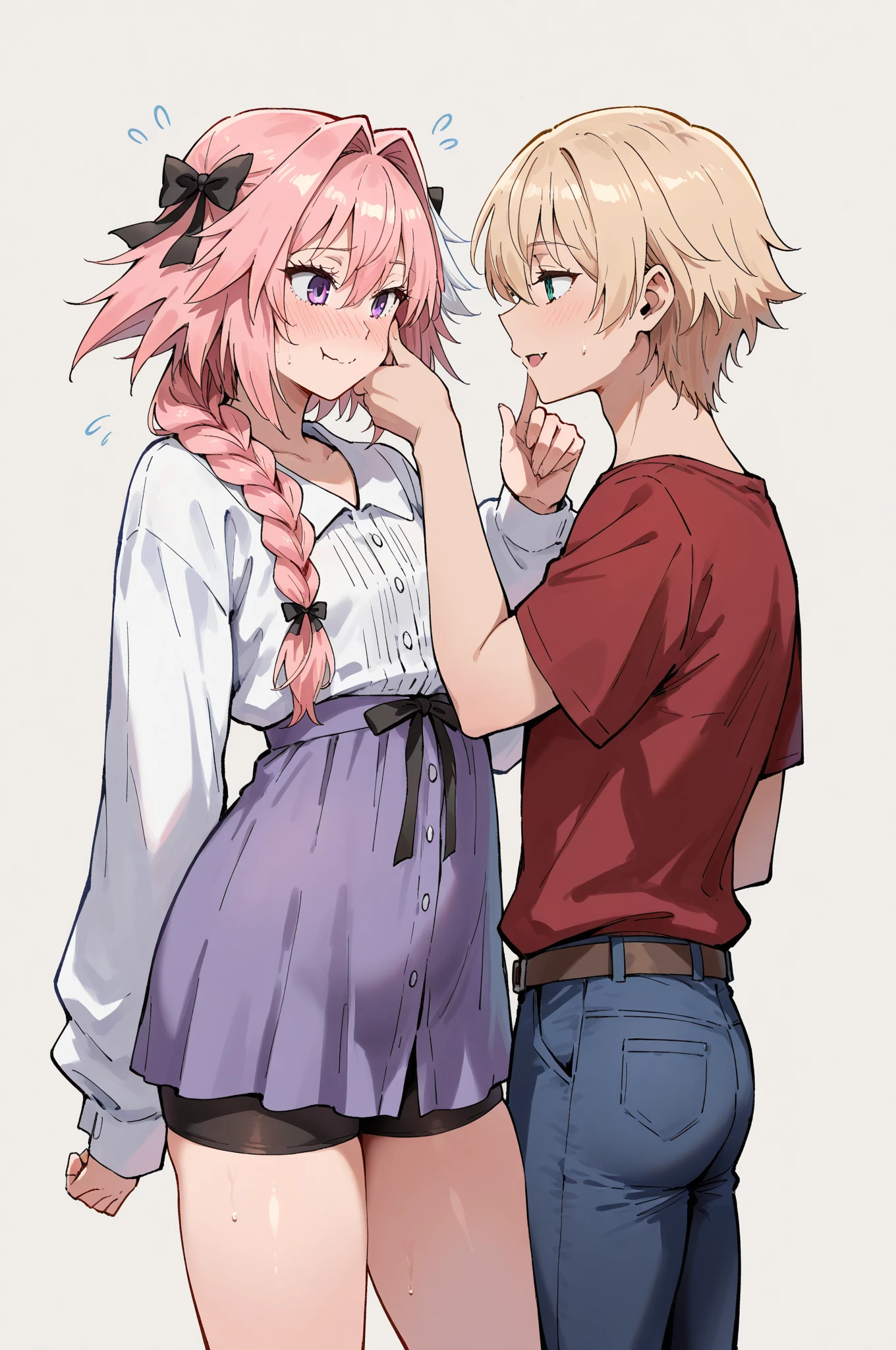 One girl, Shikimori-san, Pink Hair, Long Hair, blue eyes, Hair between the eyes, bangs, blush, compensate, smile, chest, Black sweater, Bare shoulders, No sleeve, skirt, View your viewers, Show your belly,belly button,Kissing Face,Kissing a man,kiss,masterpiece, Highest quality,In town,