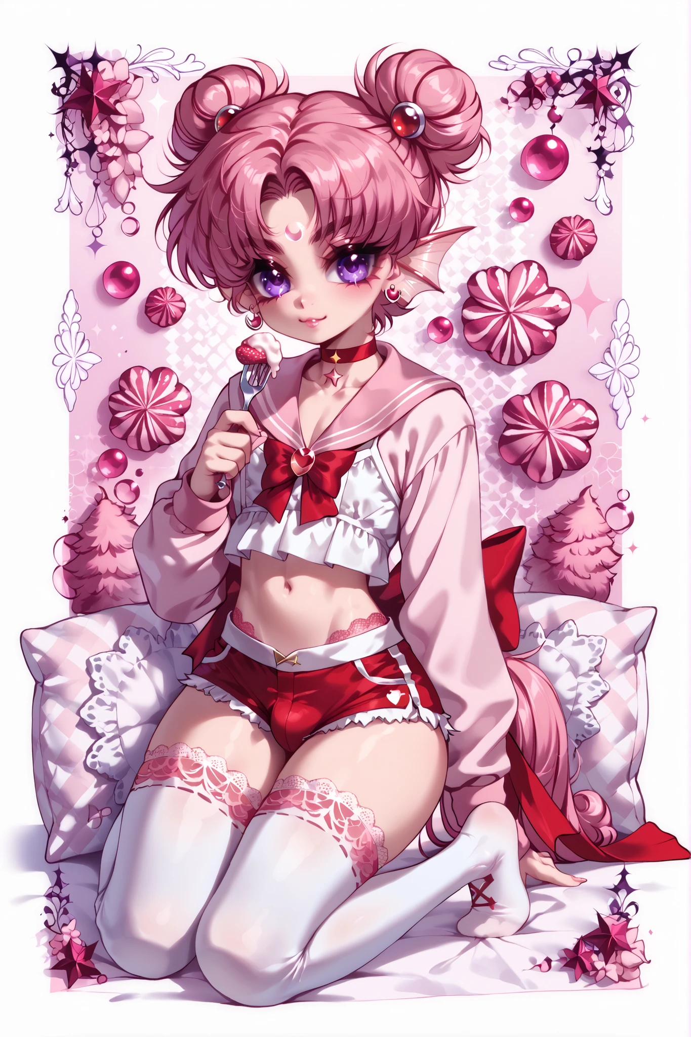 (male/boy character) The femboy idol. Beastman/furry/anthropomorphic axolotl. He has light pink skin covered with blush. He has a petite, flat-chested androgynous body structure. He has two-tone blue-purple eyes. He has pink short hair with Two-block boys's haircut.  He has six pink external gills of an axolotl on his head. He has ear fins. He has an axolotl tail with a pink fin and is decorated with a red ribbon with a bow. He has a dorsal fin. He is wearing a white lace set: lace panties and a bra, over silk mini shorts and a short lace negligee with long sleeves exposing his stomach. He's got a bulge in his shorts. He wears lace-up knee socks with open noses. He has red ribbons with bows on his wrists, ankles and on the back of his neck.  On the background: a bedroom-style stage with strawberry cream decoration of strawberry cakes, bubbles, cute pink sailor moon magical wand, pillows, plate with fork.