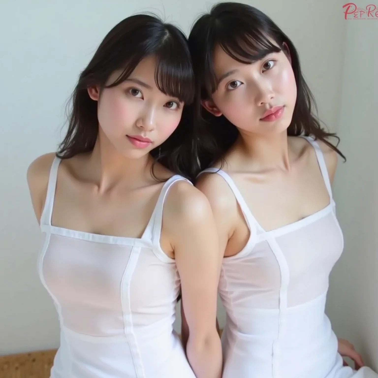 Two girls standing at ear window in school classroom,White oversized dress,White panties、bangs,smile,Short hair with low pigtails,from before,Front light,((Little girl at 14 years old、slender、delicate、Sexy clavicle and flat chest、Very small breasts))、My whole body is soaked、Clothes are wet and breasts are showing through